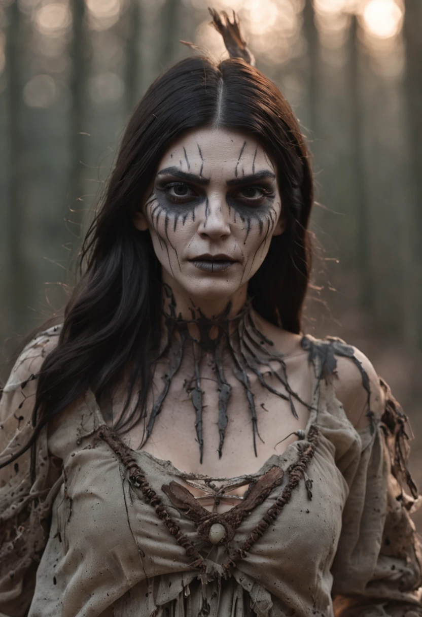 Kendall Jenner as Pocahontas, transformed into a haunting and chilling zombie in a nightmarish and eerie atmosphere.