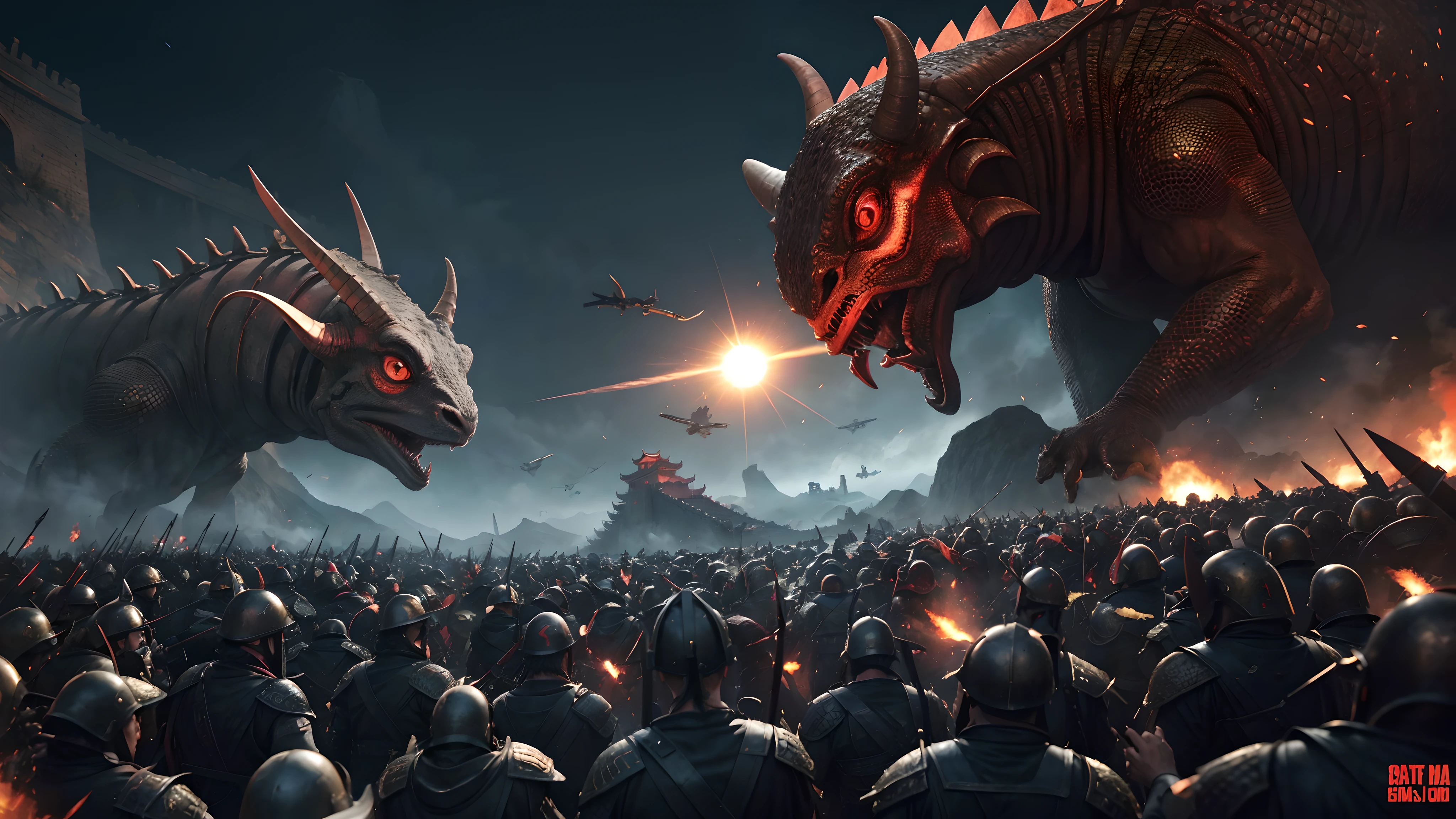 Alien invasion,Background with:Great Wall of China,Many Chinese stand on the wall and shoot arrows,Face a large horde of aliens under the city walls,(An evil creature, Sheep's head face,Lizard body,red color eyes),Howl to the sky,gray men,Under the corners of the war,Formation,cg render,The patron saints of the zodiac are organizing a confrontation,Fighting,intense battles