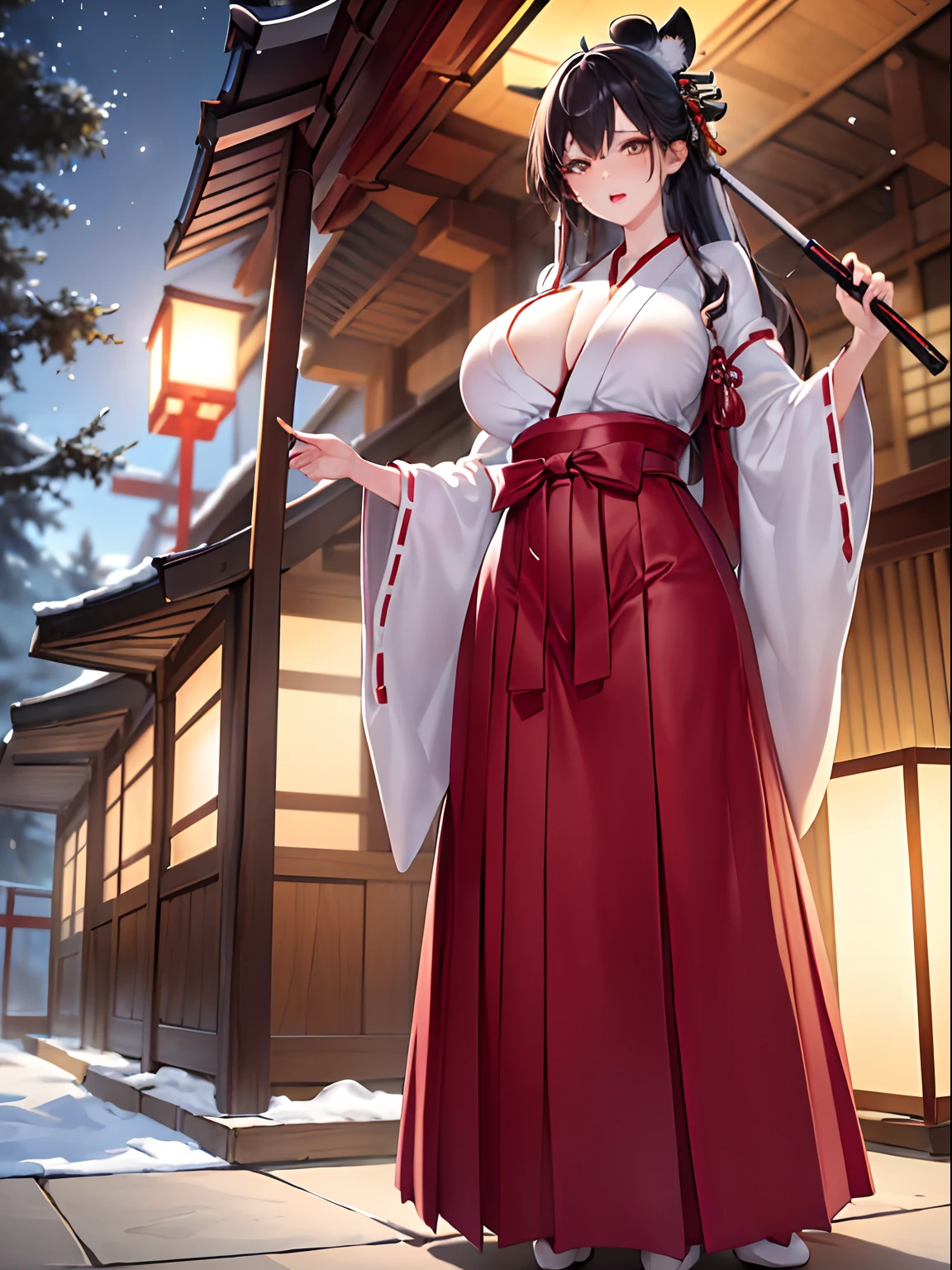 ((sfw:0.8)), ultra high resolution, (8k, RAW photo, best quality, masterpiece:1.2), High detail RAW color photo, professional photograph, (realistic, photo realistic:1.37), super fine illustrations, textile shading, cinematic lighting, (1woman, 26 years old), (solo:1.4), very beautiful, white skin, real human skin, (fine detailed face:1.2), oval face, BREAK, slim, (huge-breast:1.4, sugging breast:1.37, big tits, big cleavage:1.2), glamorous, (lifter gloss, eyelashes, gloss-face, best quality, Broad lighting, natural shading), BREAK, medium long hair, thin, shaggy, wavy, deep mahogany hair, bangs, hair over one eye, BREAK, (with holding long Katana:1.35, playing with 1Fox), ((wearing white miko uniform:1.35, with burgundy hakama:1.3)), (((Japanese Shinto shrine, Torii gate, stone lantern, outdoor), in winter, snow)), ((light smile, open mouth:1.5, humid, blush)), ((full body:0.0, from below:1.5, dynamic angle:1.2, looking at viewers:1.3, dynamic posing:1.3)), blurry background, bokeh, depth of field, ankle focus:1.3, centered image, (correct anatomy:1.5),