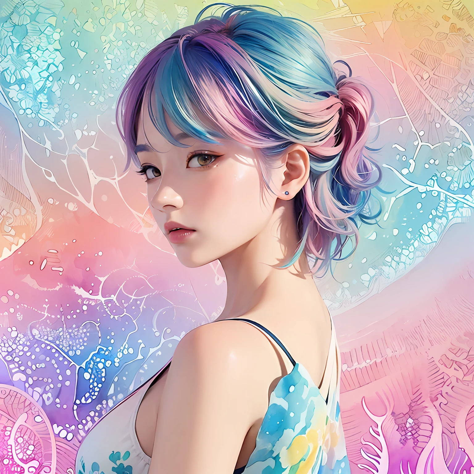 (masterpiece, top quality, best quality,watercolor (medium),official art, beautiful and aesthetic:1.2),(1girl:1.3), (fractal art:1.3),upper body, from side, looking at viewer,patterns,(rainbow color Hair,colorful hair,half blue and half pink hair:1.2),water,liquid, cloud,colorful, starry,stars,