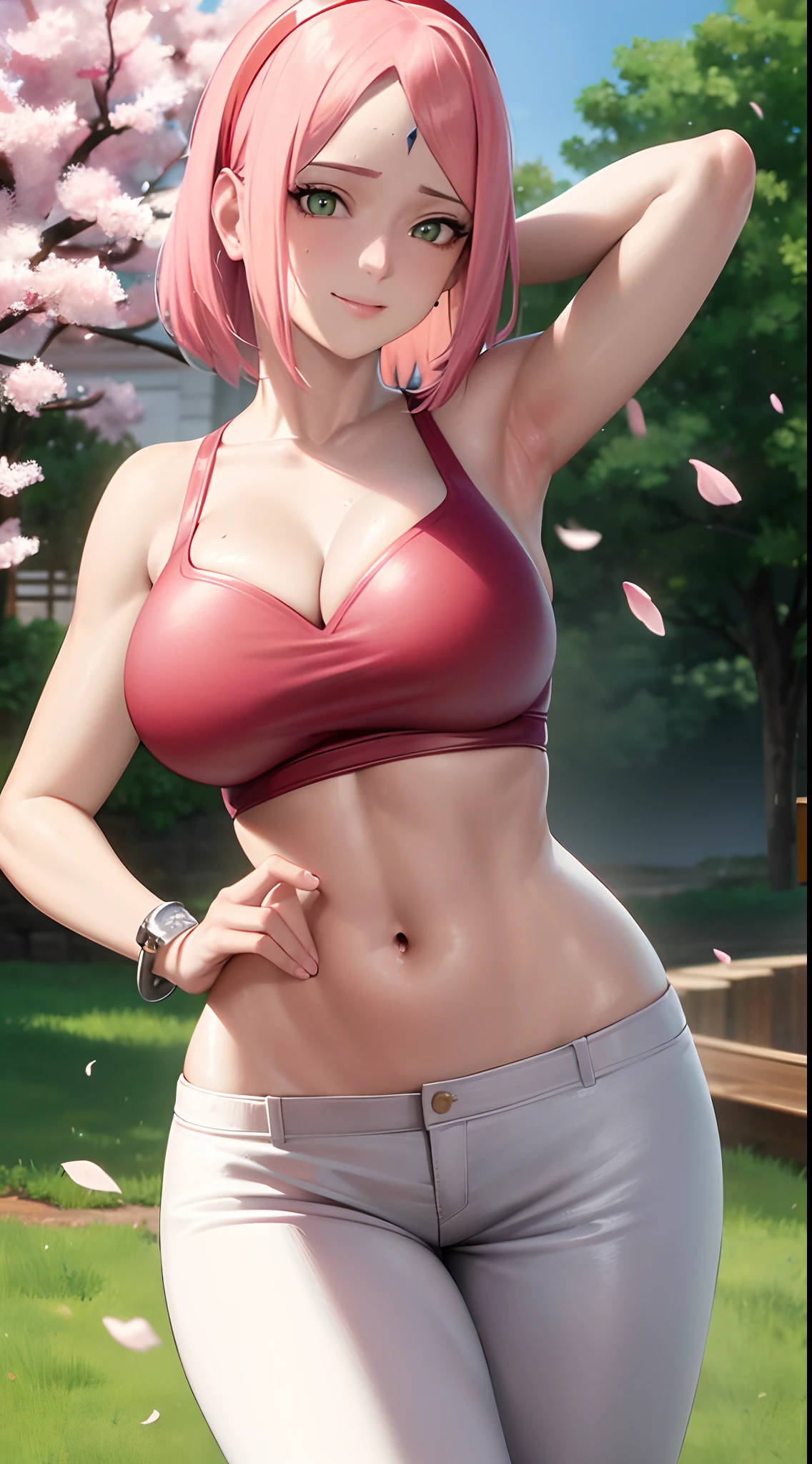 Realistic, Photorealistic,cowboy shot,masterpiece, absurdres ,1girl, haruno sakura, sweating, forehead mark, red hairband, red bra, cleavage, white pants, navel, groin, bracelet, looking at viewer, smile, cherry blossoms, private garden, wind, floating hair, large breast ,((wide hips)), toned body, detailed eyes, exposing both armpits, dirty armpits, sweaty armpits, armpits fold, golden halo, angel wings, shiny aura
