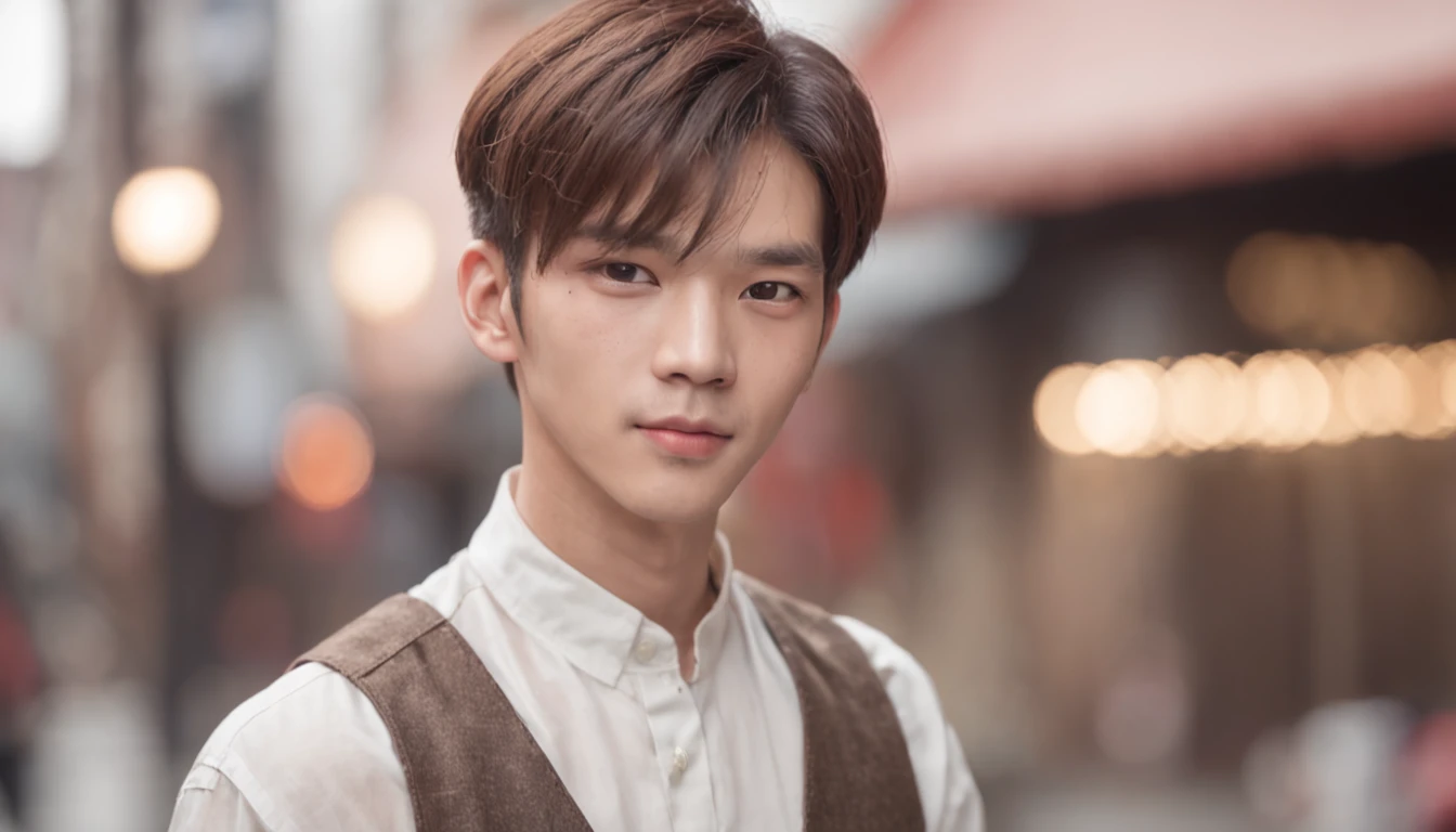 top-quality、tmasterpiece、超A high resolution、Full body portrait、(Photorealsitic:1.4)、RAW photogr、25-year-old boy、short detailed hair,Coffee brown hair color,Detailed facial texture、Shanghai street background,Entertainer-style outfit,Wear accessories
