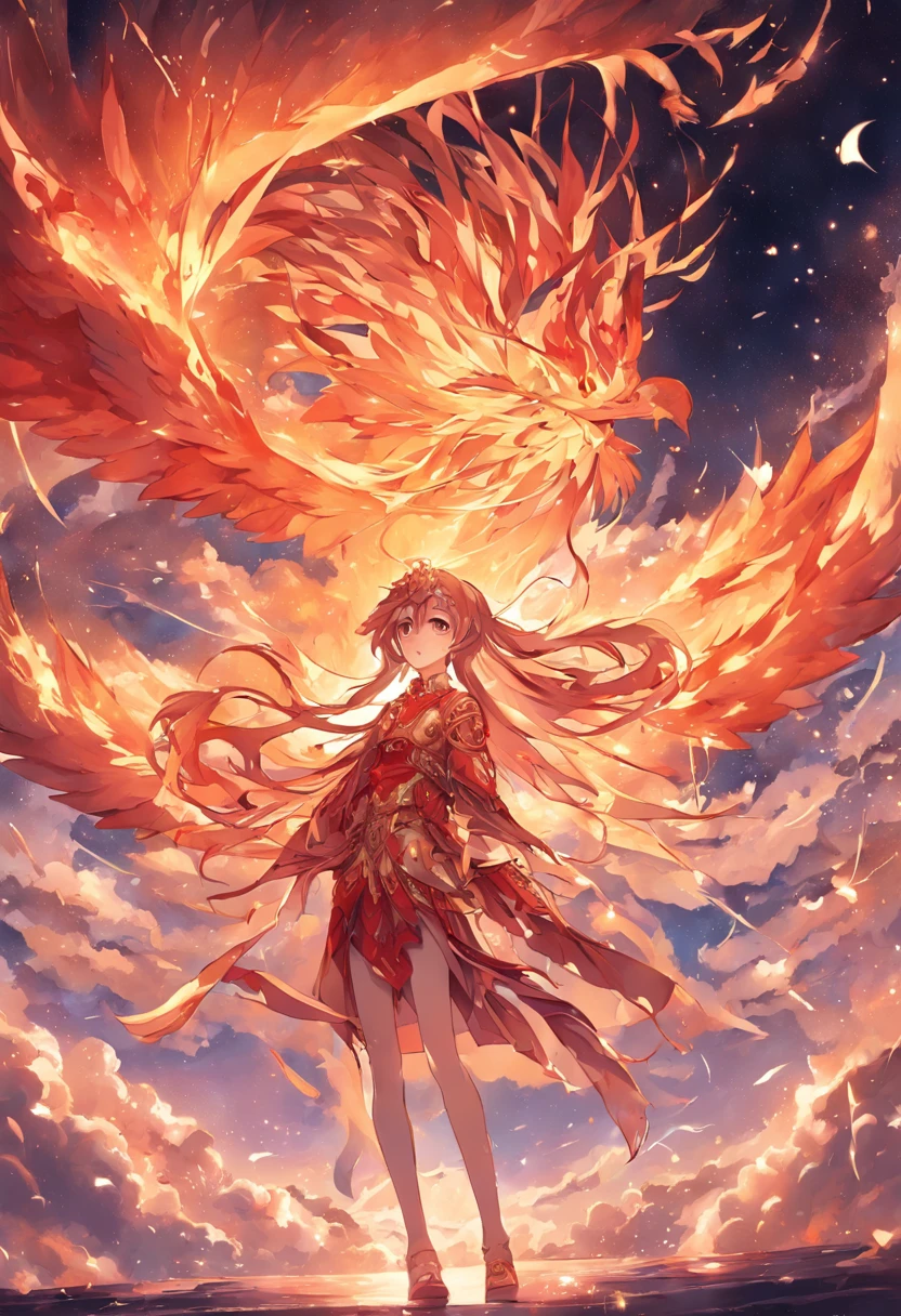 Suzaku,Golden-red phoenix(Through the clouds),(The top of the pavilion),(复杂),(super detailing),(starryskybackground),The feathers are flowing,(Moon Night),(ultraclear),(best qualtiy),rebirth from Nirvana