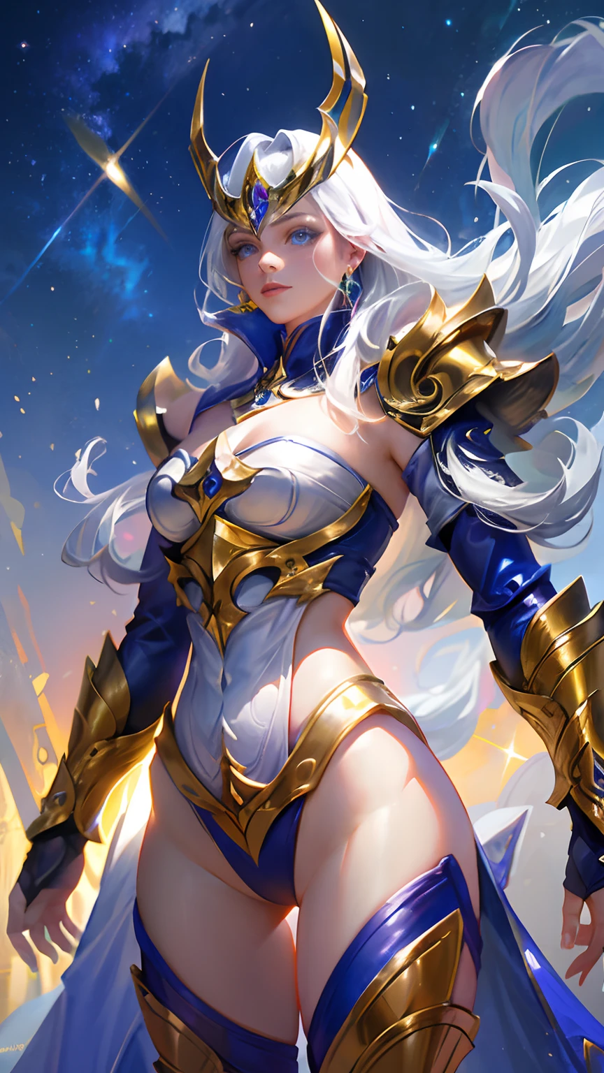Ultra-high saturation,(tmasterpiece), fully body photo,(best qualtiy), (1girll), starryskybackground,Wearing shiny gold armor, Sexy lingerie type armor,Expose your chest,Expose the waistline,Exposing thighs,cool-pose, Saint Seiya Armor, messy hair,high detal, Anime style, Cinematic lighting, Sparkle, god light, Ray traching, filmgrain, hyper HD, textureskin, super detailing, Anatomical correct, A high resolution,Ultra-high saturation,hight contrast,High-gloss armor,Smooth skin,Serious expressions,Dark room,