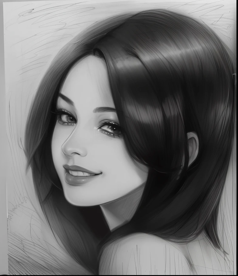 ((Black skin)), (masterpiece, top quality: 1.2), ultra detailed, cinematic lighting, HDR, sketch, portrait, sketch, ((((Detailed pencil drawing)))), one beautiful woman, upper body, 25 years old, slim body, cute smile, impressive, margins, inspiration, dynamic angle,