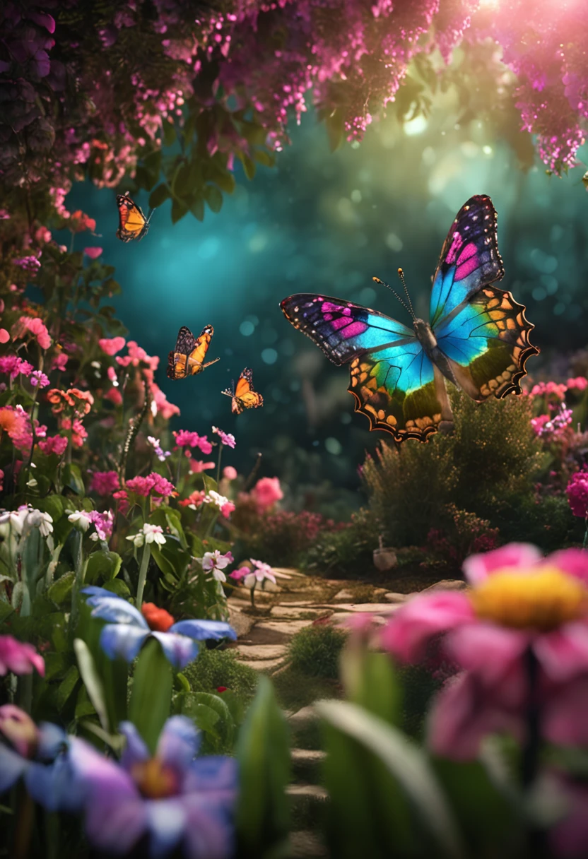 CREATE ME A BACKGROUND FOR PHOTOGRAPHY WITH AN ENCHANTED GARDEN THEMECOELEMENTS FLOWERS BUTTERFLIES TREES BIRDS AND EVERYTHING VERY COLORFUL