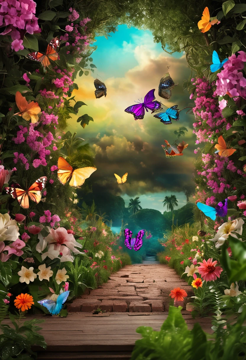 CREATE ME A BACKGROUND FOR PHOTOGRAPHY WITH AN ENCHANTED GARDEN THEMECOELEMENTS FLOWERS BUTTERFLIES TREES BIRDS AND EVERYTHING VERY COLORFUL