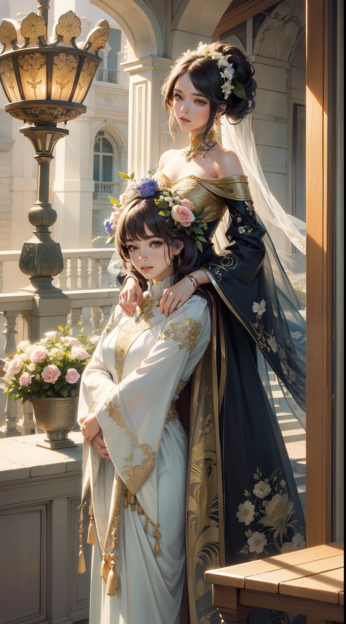 Beautiful woman in intricate Art Nouveau and floral costumes