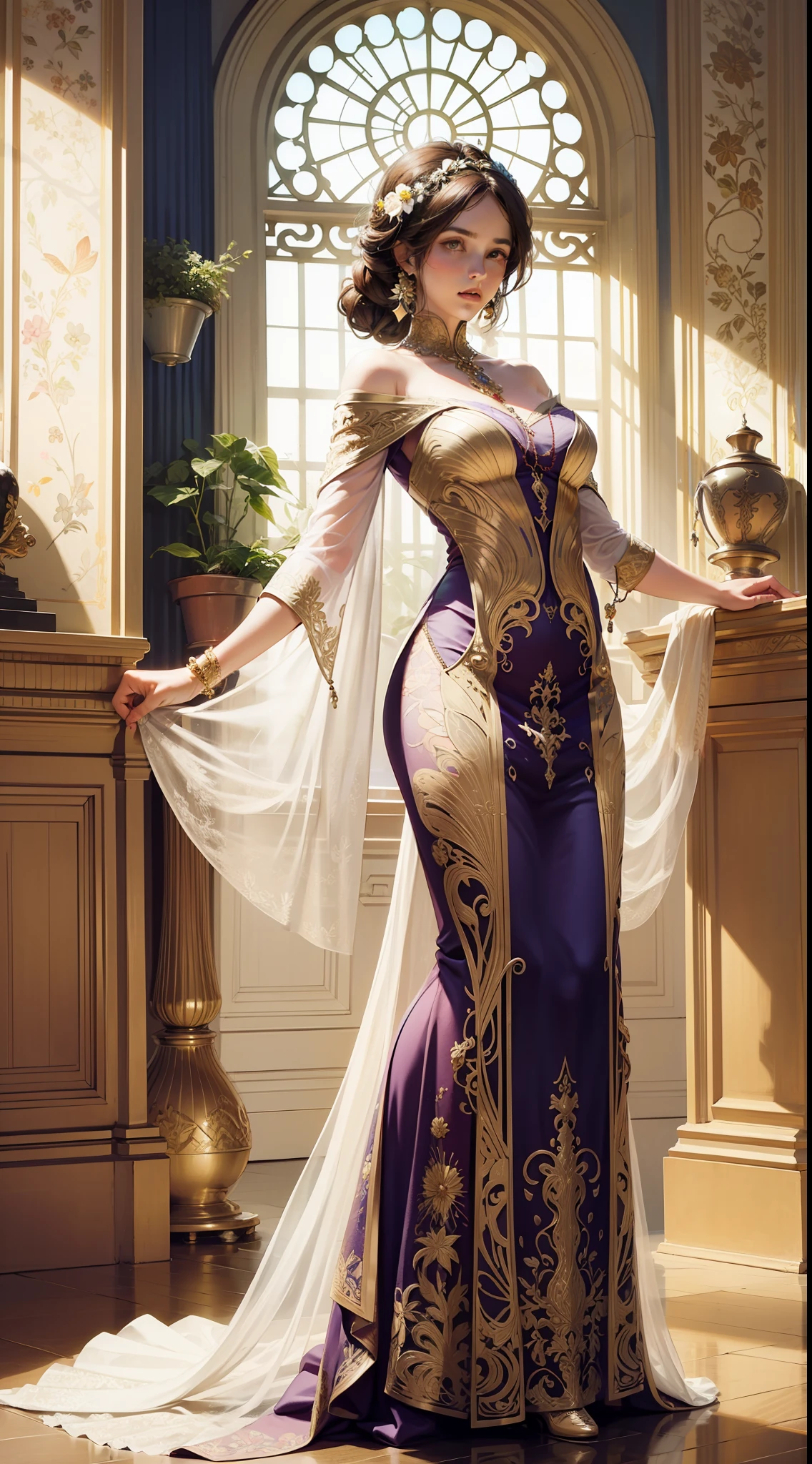 Beautiful woman in intricate Art Nouveau and floral costumes