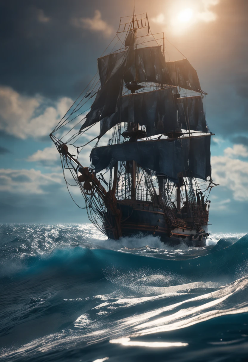 Navio pirata brilhante com lados de madeira lisos e velas roxas navegando em um oceano azul, 8k, hyper realistic, trending on ArtStation, rule of thirds