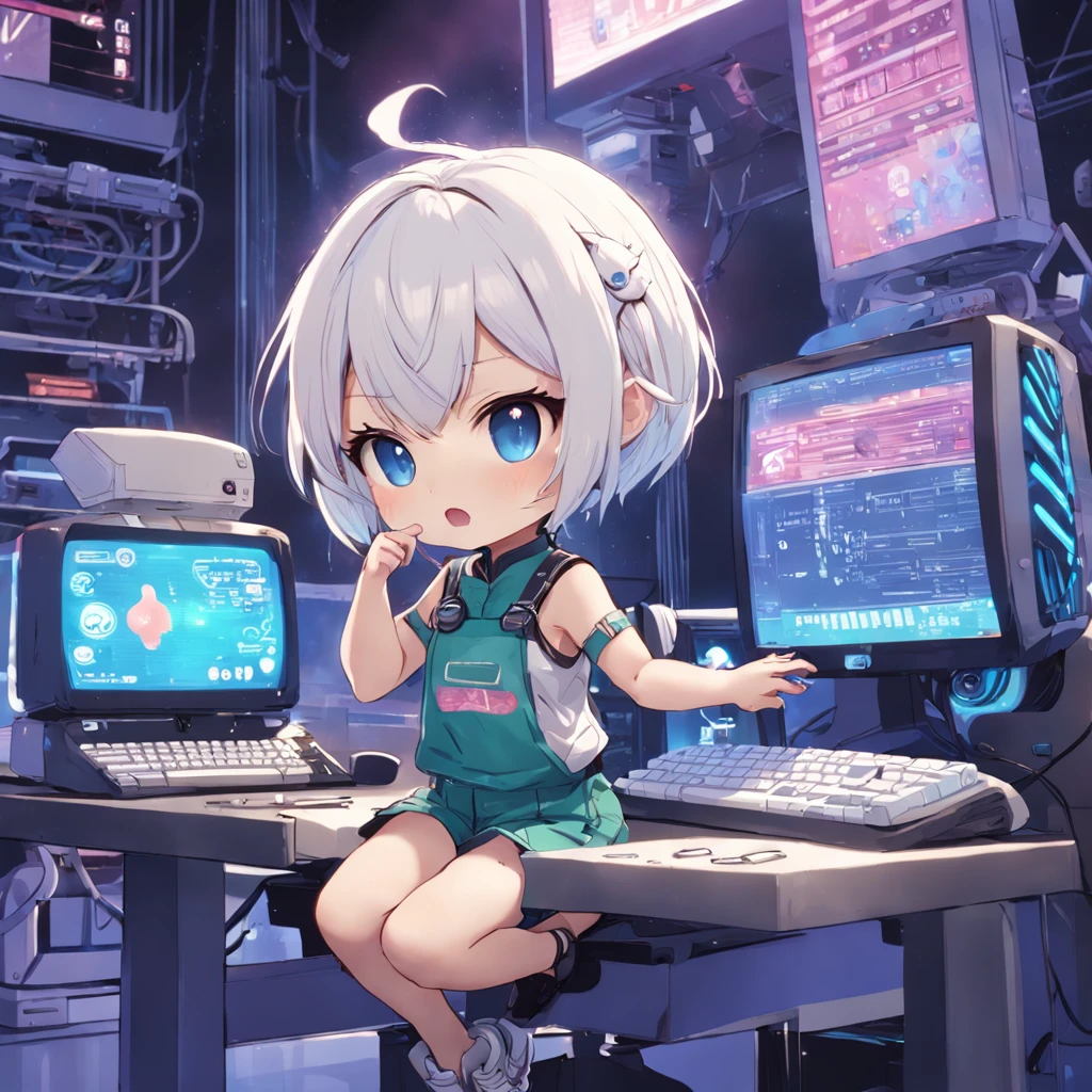 ((Chibi girl playing computer))、White shorthair chibi、Pixie Cut Chibi、Chibi in shorts, Chibi,