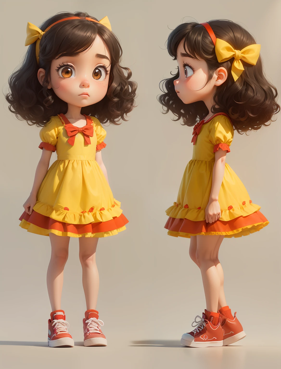 Character, Pixar cartoon style, girl, anxious and restless, sitting on a chair inside the classroom, black, wavy hair, brown eyes, with a yellow dress, red shoes, and a red bow in her hair
