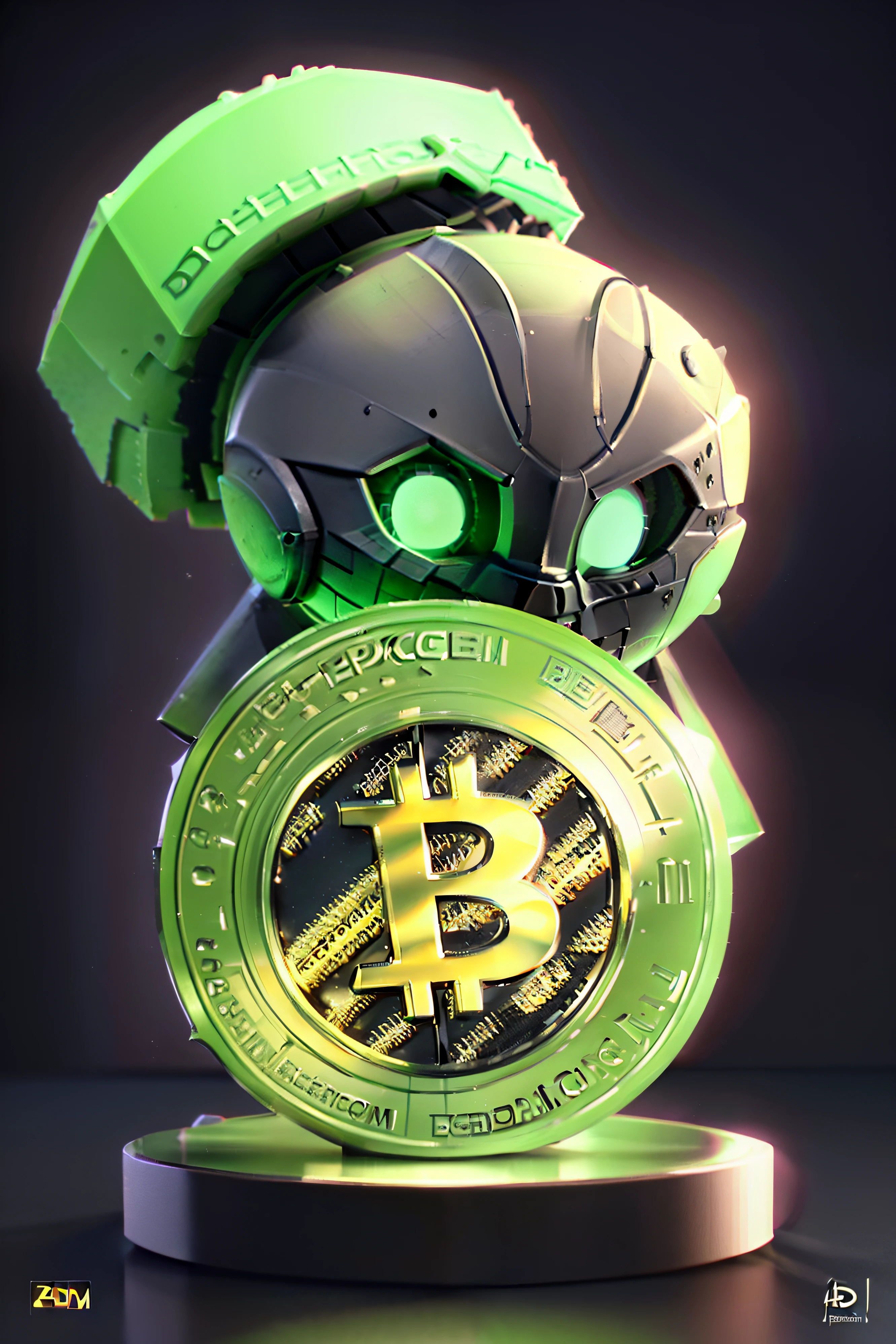 a close up of a bitcoin on a pedestal with a black background, bitcoin evil, official render, depicted as a 3 d render, 3 d render official art, 3 d render stylized, high res render, rendered in sfm, 4 k octan render, rendered in keyshot, colored zbrush render, satoshi