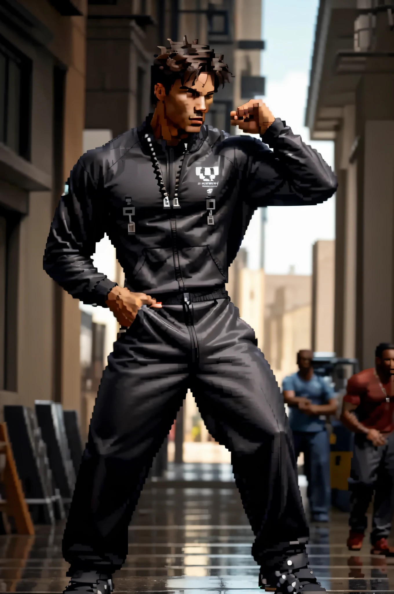 here is a man 20 year old , With normal muscle mass, ,brown eyes, black hair,high detail, extreme detailed face and body, male character, , strong masculine features, Wearing tracksuit pantsr,Without a shirt, extremely detailed man, highly detailed body,full body picture,Face turned towards the camera,full body picture,