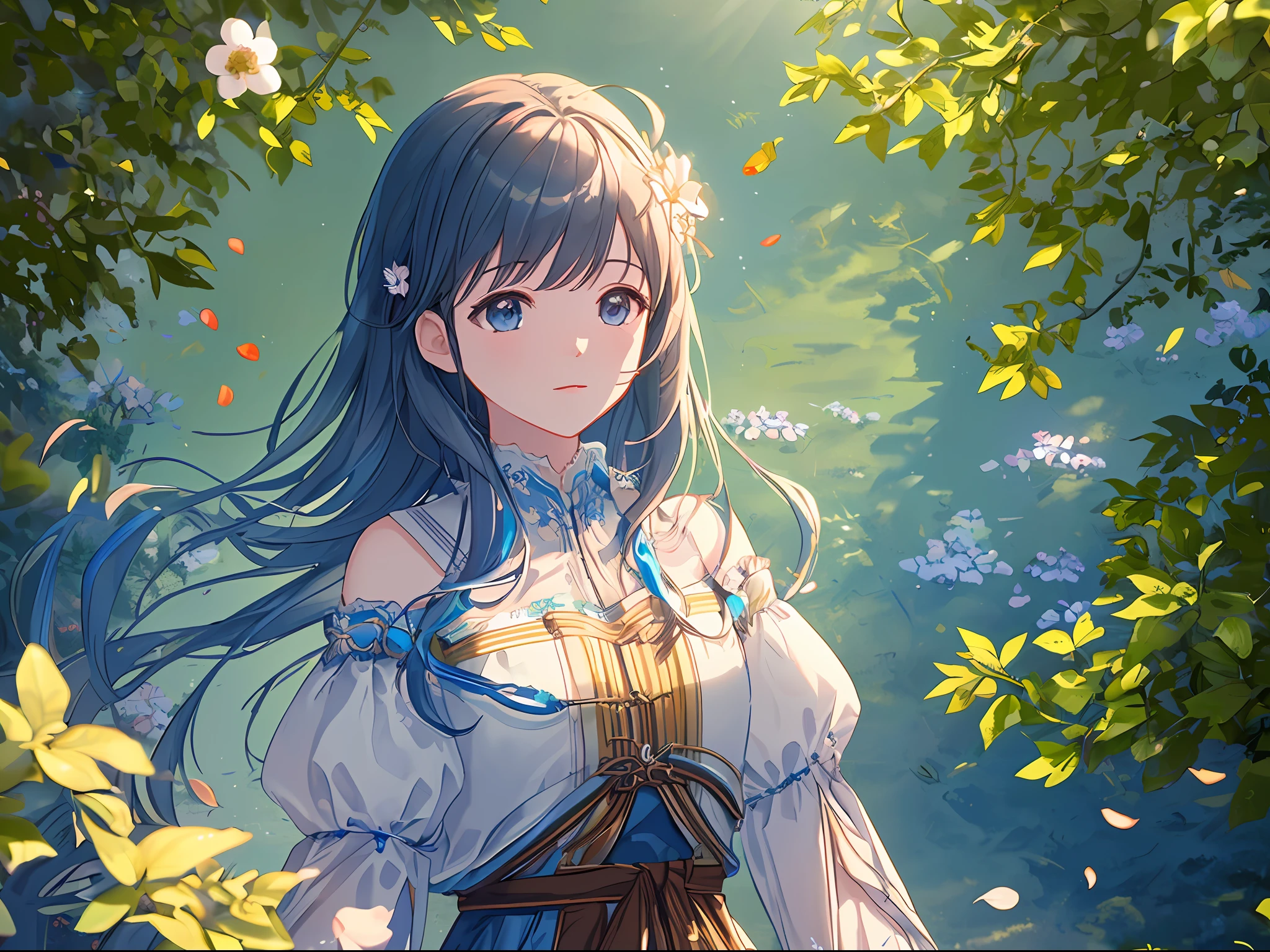 Masterpiece, best quality, (very detailed CG unity 8k wallpaper) (best quality), (best illustration), (best shadows) Nature&#39, blue sea,delicate leaves petals of various colors falling in the air light Tracking, super detailed --v6