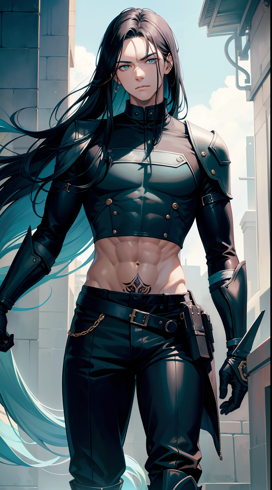 Young man, Long black hair, Cyan eyes, Tatoo, open torso, breeches, Iron hands, tmasterpiece, hiquality