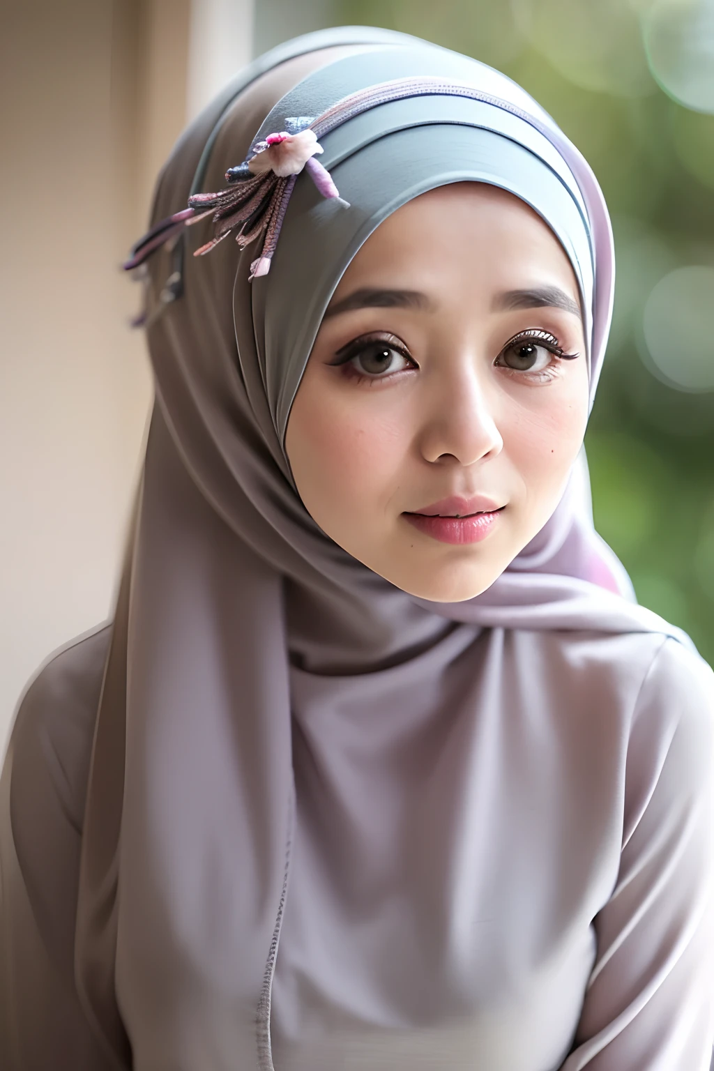 Mira filzah,
head tilted to the side,
(beautiful malay girl, make up), (Age 29), 
(happy, pastel color hijab, wispy bangs,  dusk:1.2),
(large breasts:1), High resolution, diffraction spikes, wrap dress, pearl earrings, and slingback pumps,
looking at viewer, 
(realistic, photo-realistic:1.37)
(detailed background:1.25), bokeh anamorphic depth of field blur background,