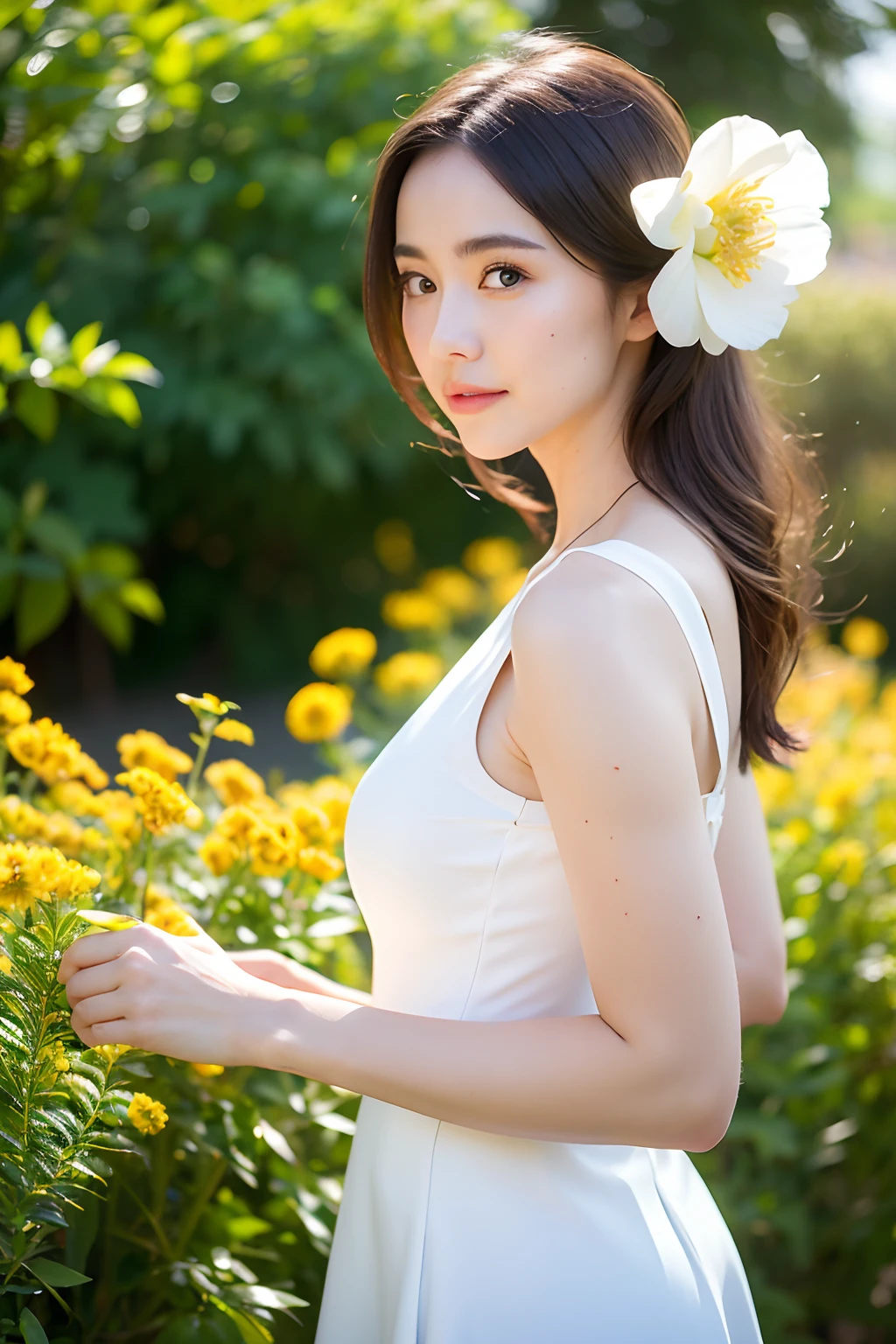 (Best Quality, Masterpiece: 1.2), Portrait, Breasts, Outdoor, 25-Year-Old Woman in the Garden: 2, White Miniskirt, (Pale Yellow Flower Confusion in the Background: 1.3) Same character, different costume, different angle, backlight: 1.5, rich skin detail: 1.5,