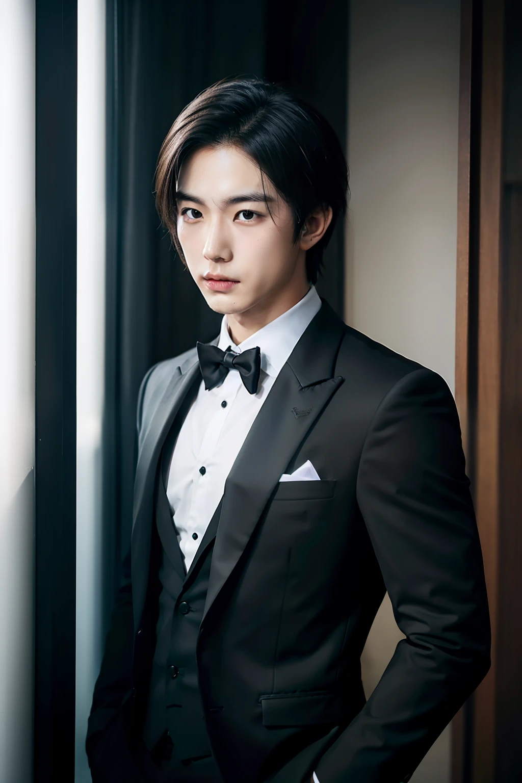 Young males，Black suit，Side Body，Asian people，Does not show muscles，