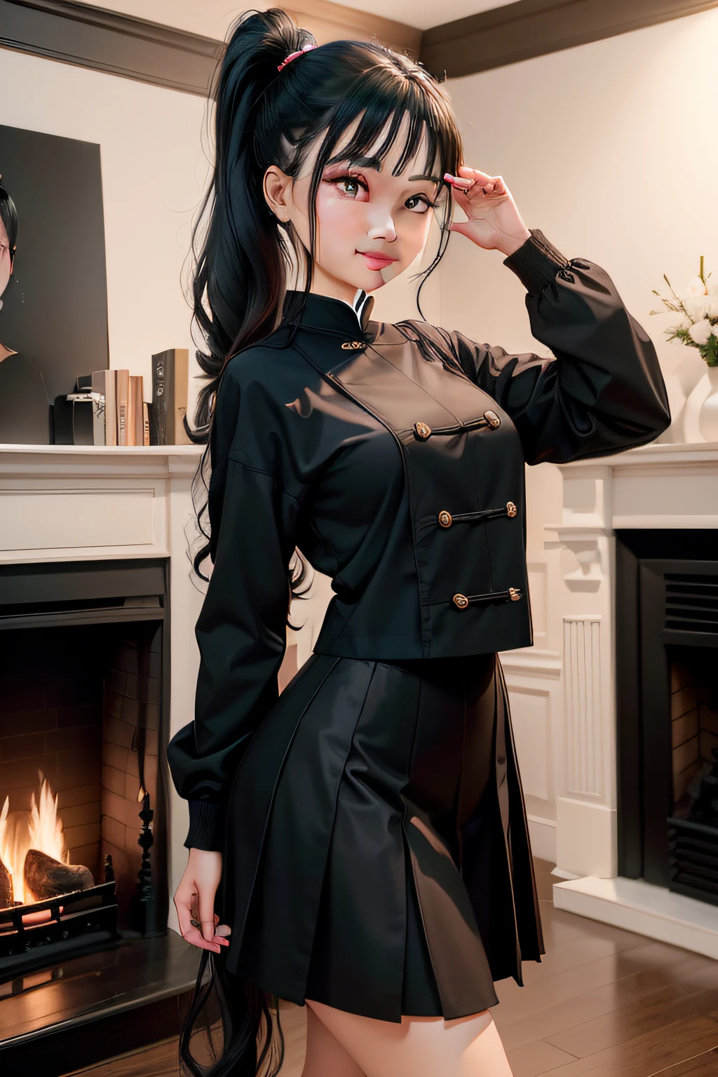 Girl standing in front of the fireplace，High ponytail，Boutique 4K，hyper HD，high qulity，The background is blurred out，black color hair，Wearing a Chinese school uniform，Greetings with a smile，Tall and tall，Anterior convex and posterior，Surreal style，A girl is a mature woman