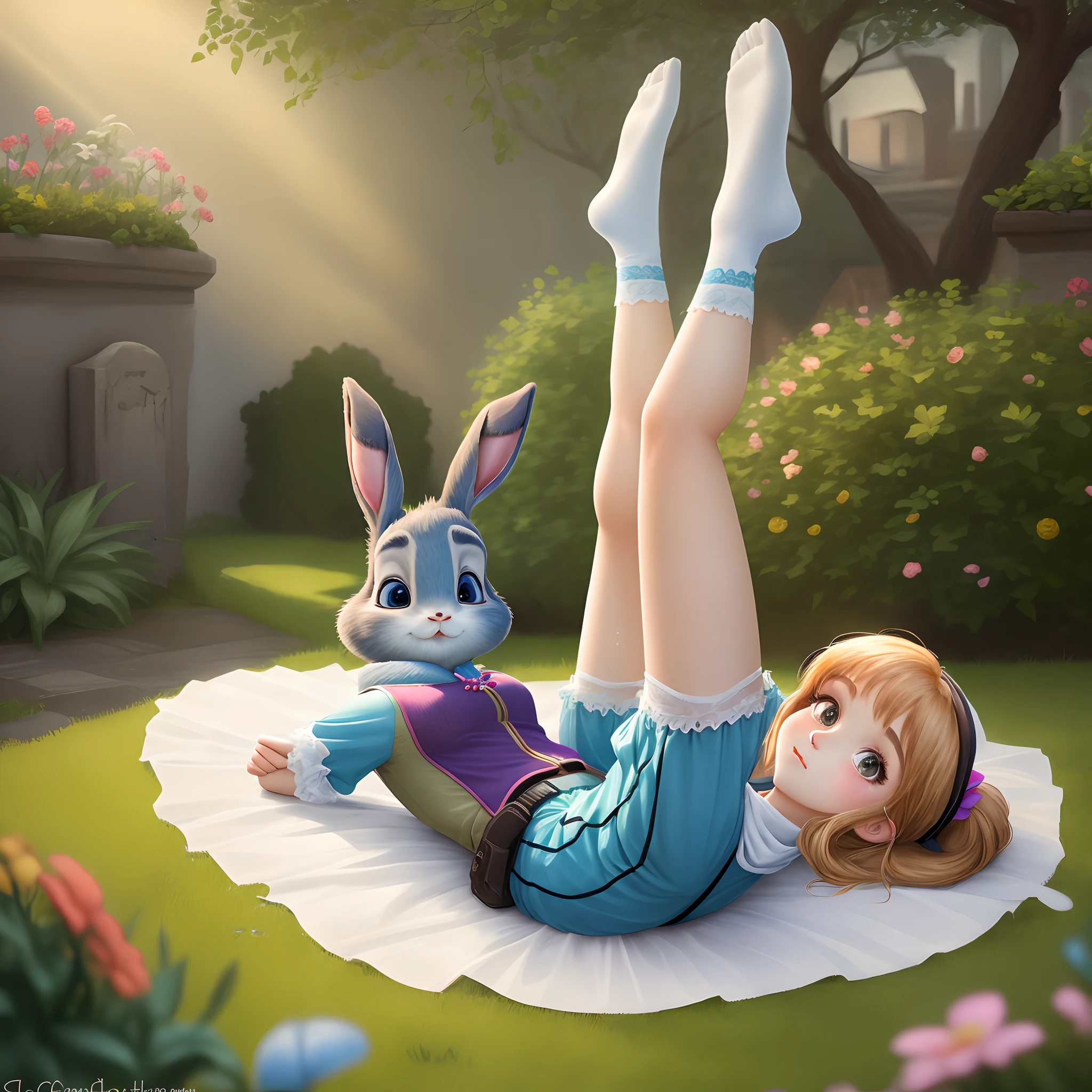 Traditional German costumes, Cornelian cherry, Traditional Bavarian costume, serene gardens, lone girl, Judy Hopps, cute  face, adorable expression, Perfect anatomy, Beautiful scenery, Detailed face, Legs up, Under the skirt, visible genitalia, Wet clothes, Wet panties, Tight clothes, on the bed