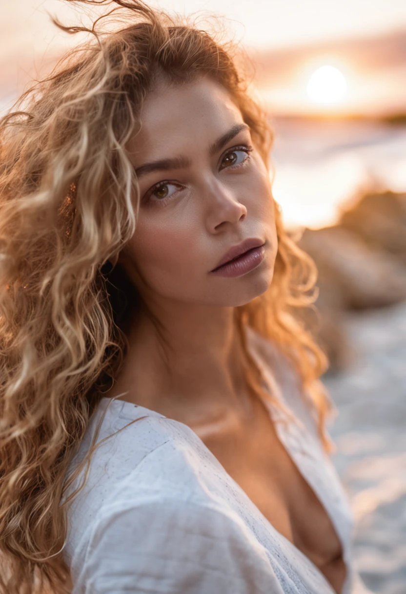 Uma mulher jovem e bonita, blonde hair that falls gently in waves up to the shoulders, altura mediana, olhos grandes e azuis, pele clara, she's using a sexy lingerie ,lying on a bed, The environment is illuminated with lights of warm and pleasant colors making your hair shine, seu semblante esta naturalmente sereno, lips with red lipstick, Textura 8K, altamente detalhados, realista, soft Cinematic Light, HDR, sharp fokus, obra-prima, fotorrealista, fotografia premiada, Canon EOS R5, 35 mm