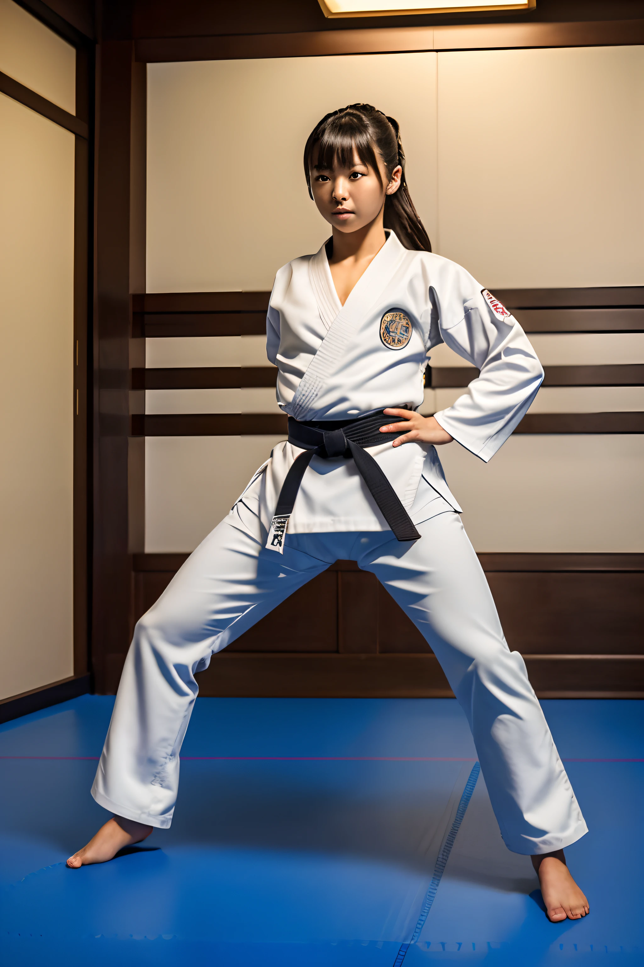 (8K、Raw photography、qulity、、、、、、masterpiece:1.2)、(realisitic、Photorealsitic:1.37)、(1girl in), Karate girl in Japan、18 years old、White thin karate uniform、Fighting, (Kick Pose:1.0), ((Spinning kick:1.0)), Training room in the dark、solemnity、(Cowboy Shot)、Be intimidating、Dignified atmosphere、Slightly stiff figure、(big butts), Tight lower body、Karate pants that adhere to the skin, (Camel toe), ((Skindentation)), (From below)