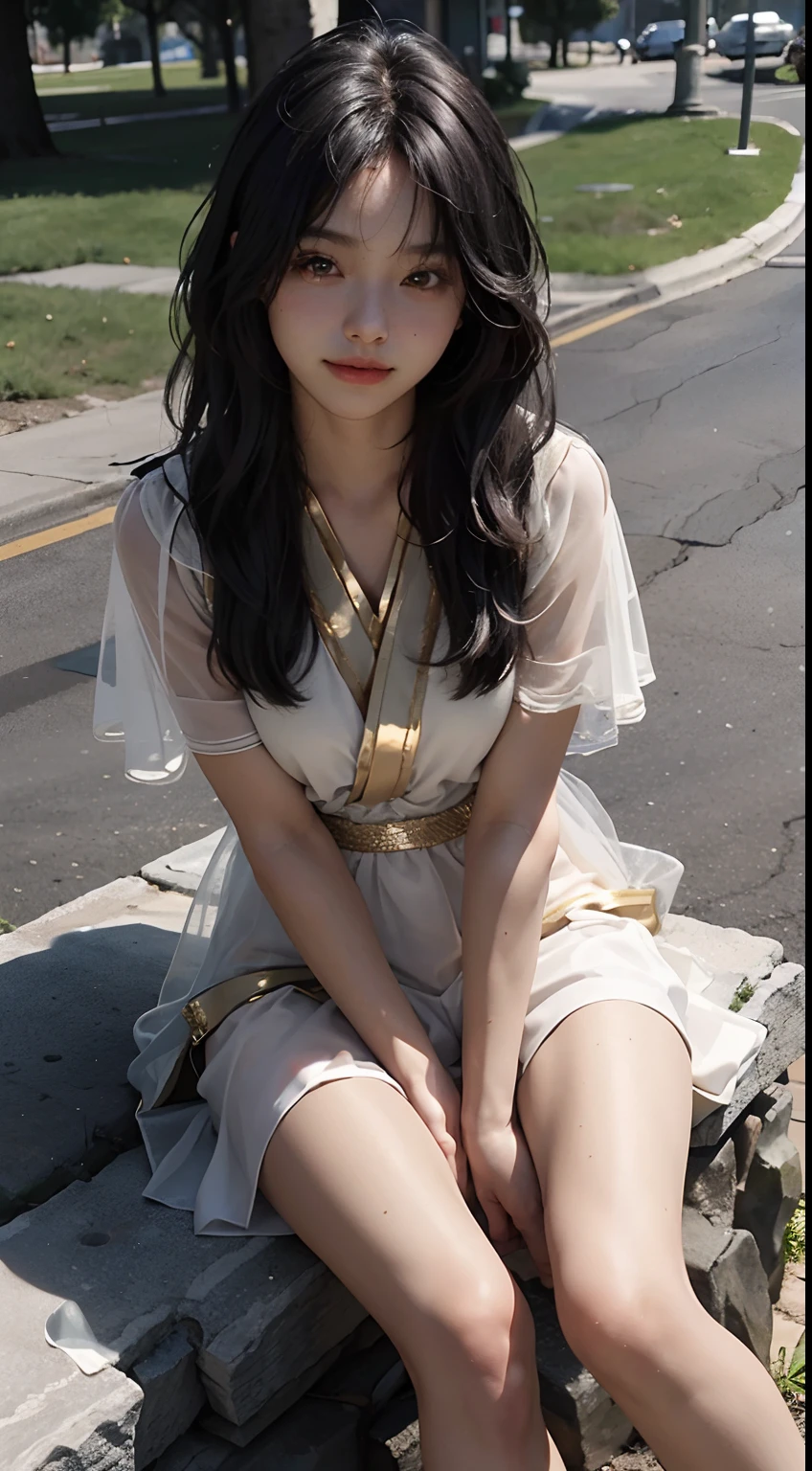 Solo,1girll (20 I),20 years old girl,Young,aged down,
(parted lip),Light smile,(upper legs),
Gold costume,Jinstyle,Outdoors,(view the viewer:1.3),See-through,(Light blush),
Detailed eyes,(Intricate:1.05),(view the viewer),(Shiny skin,skin indentation),wide angles,
Hanfu,
Shiny skin, skin indentation, Best quality, 超高分辨率, (Photorealistic:1.4),