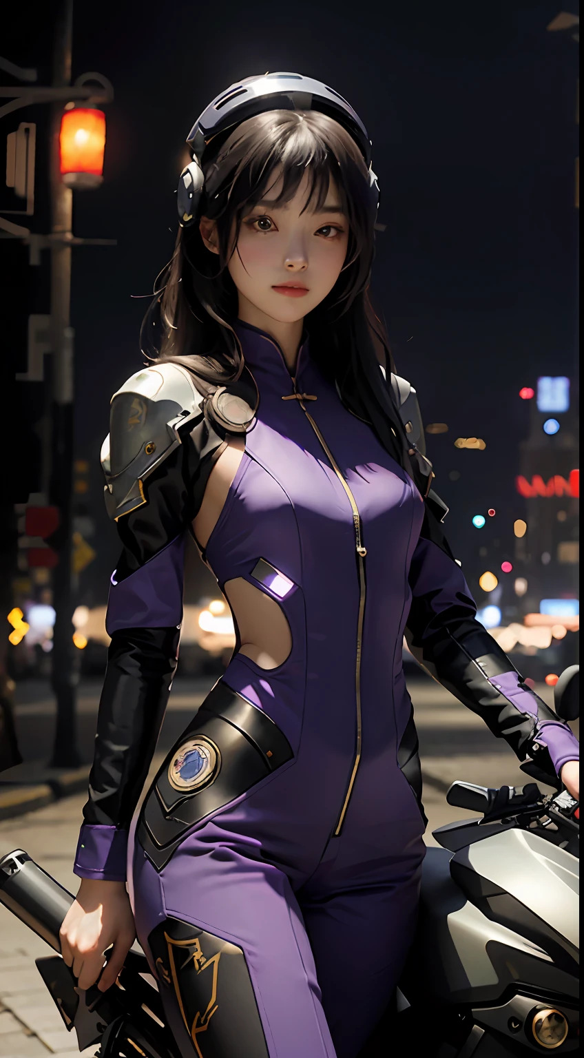 Highest image quality,Outstanding details,超高分辨率,(Fidelity:1.4),The best illustration,Favor the details,Highly cohesive 1girl,He has a delicate and beautiful face,dressed in black and purple mecha,wearing a mech helmet,Hold the direction controller,Riding on a motorcycle,1girll,long trousers,The background is a high-tech lighting scene in the future city。