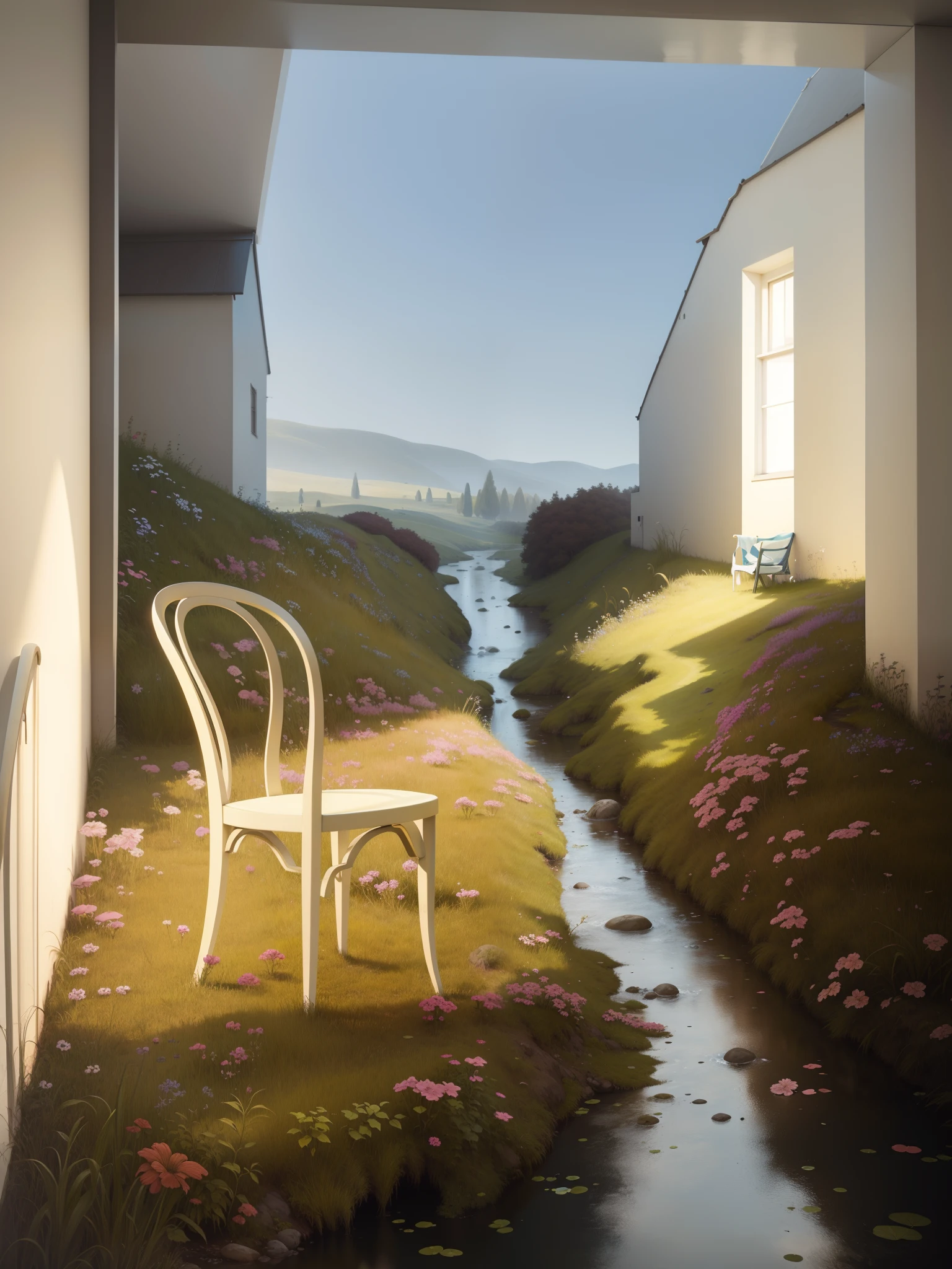 painting of a chair sitting in a grassy area next to a stream, erik johansson style, erik johansson, inspired by Henri Biva, inspired by Santiago Rusiñol, surreal scene, inspired by Matthias Jung, magic realism matte painting, magical realism style, stefan koidl, surreal 3 d render, inspired by Christian Krohg, surreal painting, surreal composition