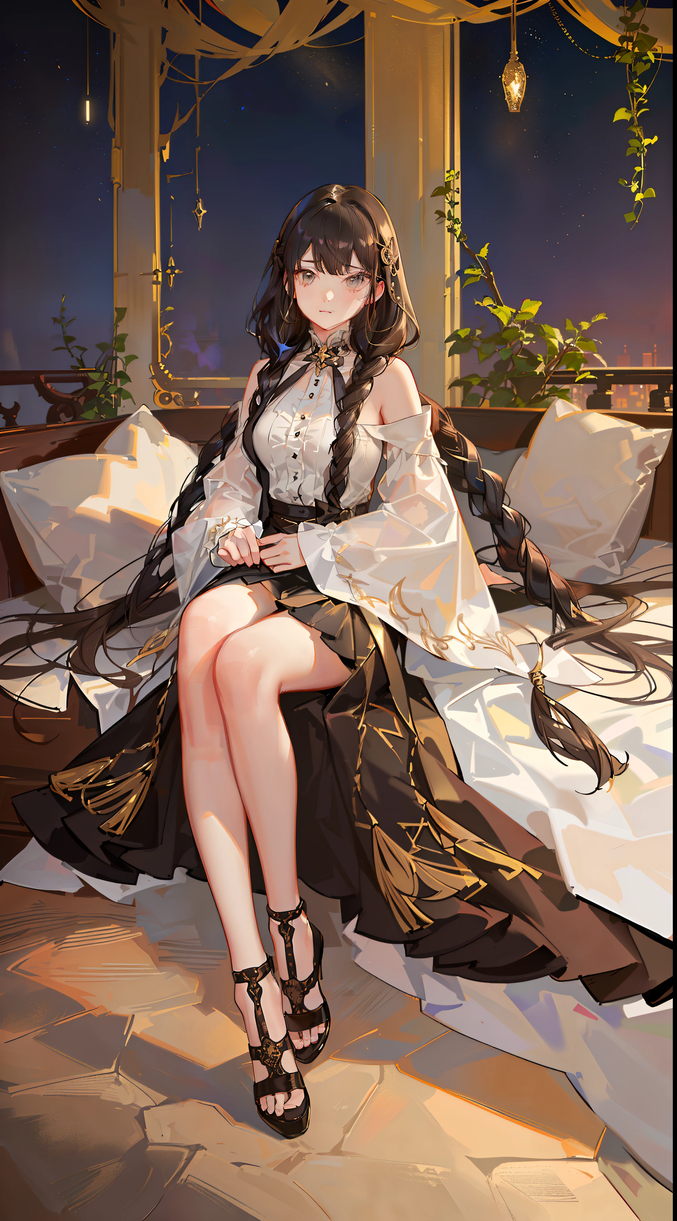 Striped hair, Light brown hair, low twin braids, hair adornments, hairpods, covering eyes, contemplative, character sheets, stats, hyper HD, Masterpiece, ccurate, Super detail, A high resolution, 1080p, 8K, 16k, Textured skin,A girl,full bodyesbian,white dresses,steampunc