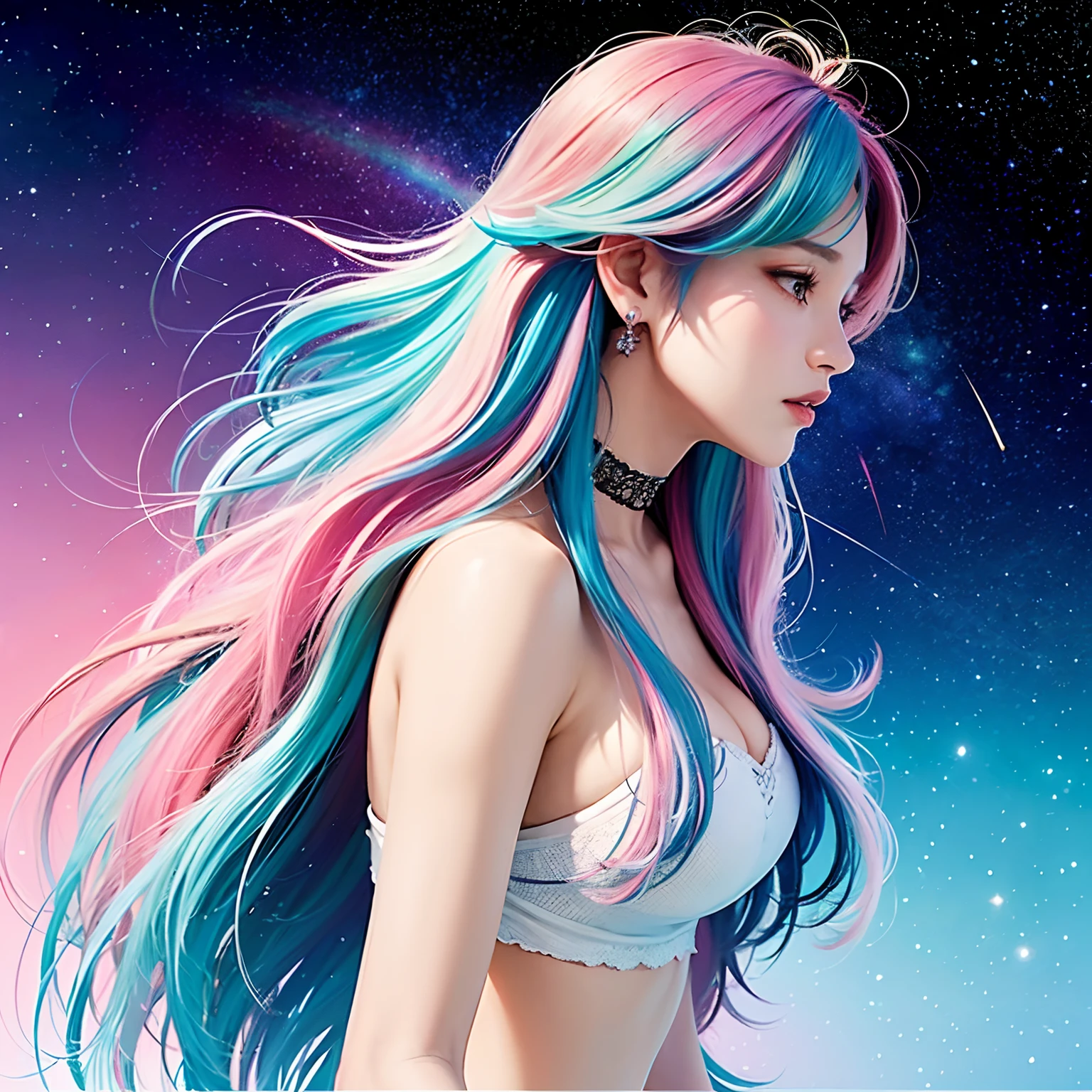 (masterpiece、top-quality、top-quality、Super delicate、Official Art、Beautifully Aesthetic:1.2)、(1girl in:1.3)、(Fractal art:1.3)、The upper part of the body、from side、looking at the viewers、patterns、(rainbow-colored hair、colourful hair、Half blue and half pink hair:1.2、Half blue and half pink sky)、Eau、liquids、clouds、colourfull、starrysky、stele、