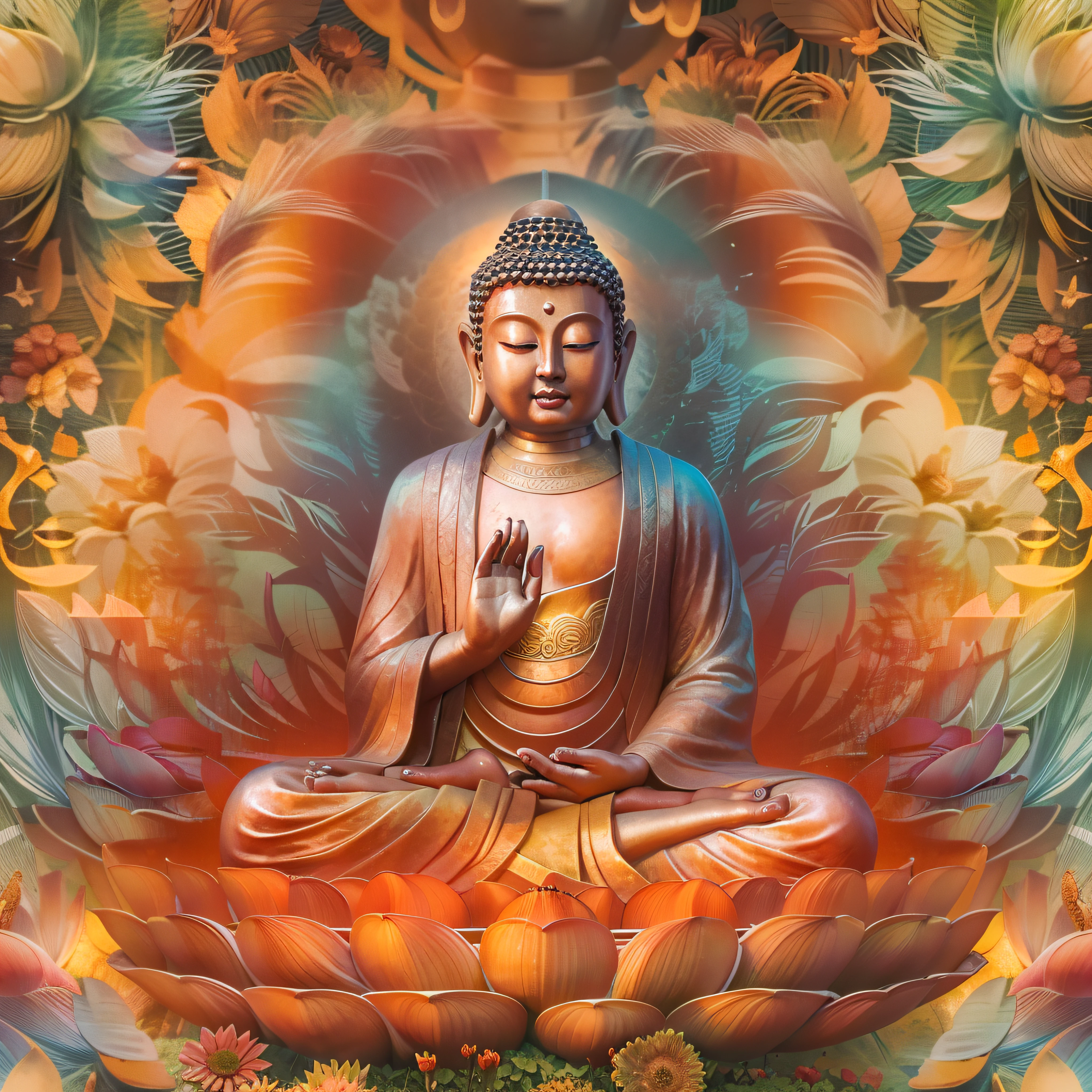 "Generate a realistic depiction of Buddha with a golden aura around him with a very bright divine light descending from heaven and illuminating Buddha in its entirety, sitting on a giant lotus flower symmetrical in the colors of the rainbow, It is in the middle of a garden with many flowers and colors, com flores coloridas ao redor e luz suave iluminando seu rosto." High Definition Image, detalhamento alto e estilo fotorrealismo. Imagem com pelo menos 300 dpi, UHD 8k