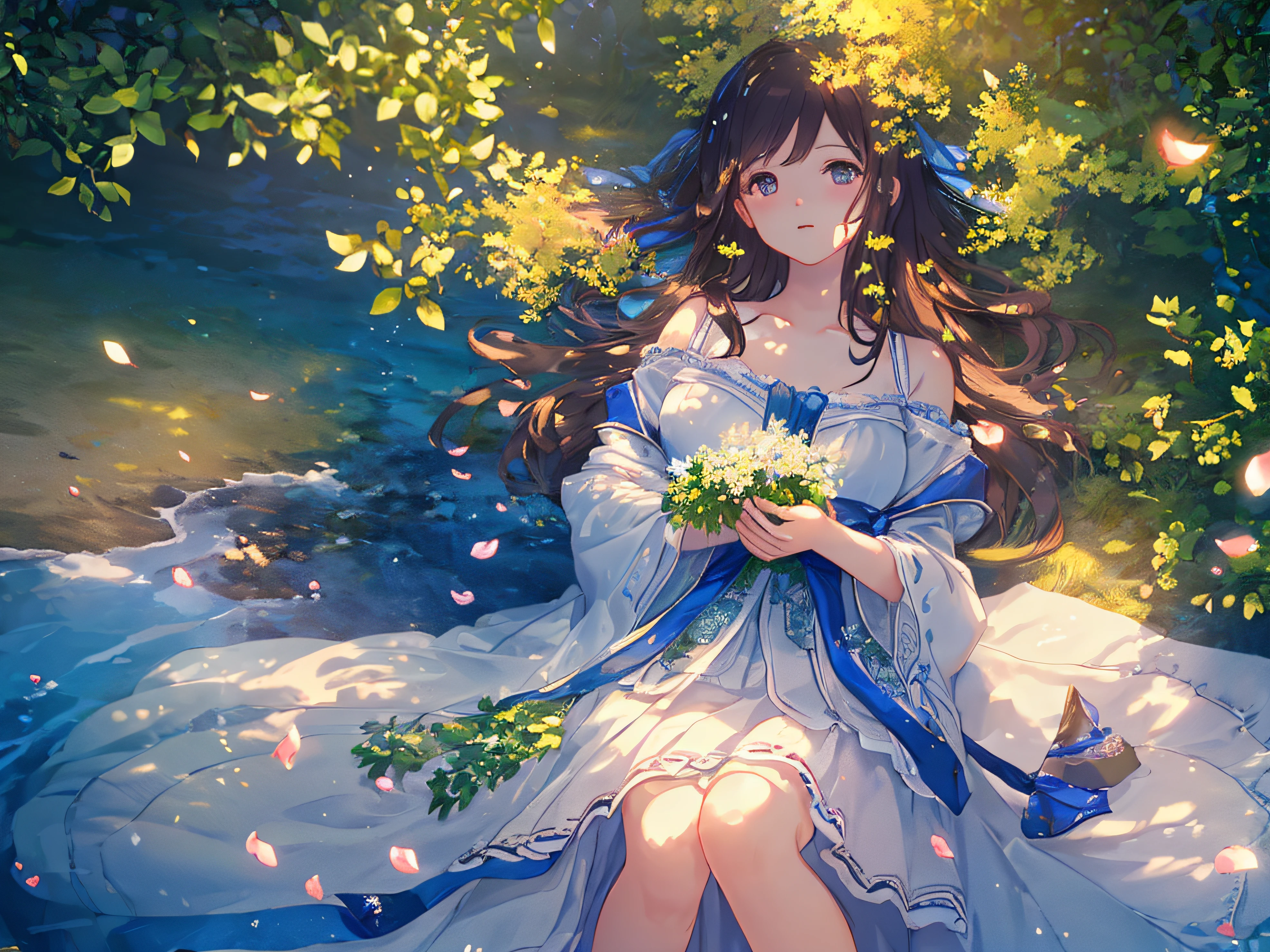 Masterpiece, best quality, (very detailed CG unity 8k wallpaper) (best quality), (best illustration), (best shadows) Nature&#39, blue sea,delicate leaves petals of various colors falling in the air light Tracking, super detailed --v6