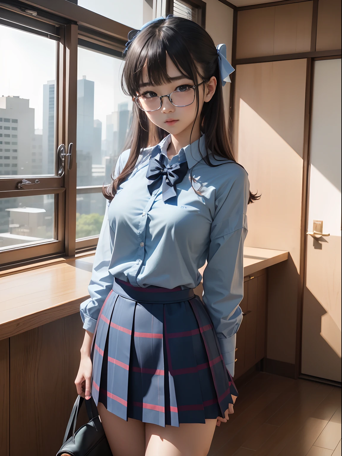 (8K、Raw photography、top-quality、masterpiece:1.2),watching at viewers,Looking at the front,Bullish,Erotic,Pupils,Light Blue Bra,de pele branca,kne,(Black pantyhose),absurderes,a small face,small tits,flat breast,Parting the bangs from the middle、Forehead visible,(be shy,Tight eyes,glares,Bullish,skinny,Rasping,irate)、masterpiece,top-quality、超A high resolution,Raw photo,ren,Beautiful fece,One Person, 独奏,eye glass,,Small breasts,fullllbody,Round glasses、cute little、Back to Student,JK school uniform,hi-school girl,A Japanese Lady,is standing,(Photorealsitic:1.37)、Photon mapping,Realistic、Cute little face,Brown-eyed、Black socks、(Red bow tie)、Radio City、Physically Based Rendering、Foreground、depth of fields、Blurry background、a picture,The girls、Body,beauty legs, Long legs, Thin leg,Tie your hair into one strand on your chest,(Bangs are visible), hair, s lips, Blue_The eye, nosesoft,(Light blue shirt), (Navy and blue and white plaid pleated skirt), Knees are visible,Sheer clothing,, Thigh, Black cotton socks,Nogizaka Idol, 女優, Japanese ido