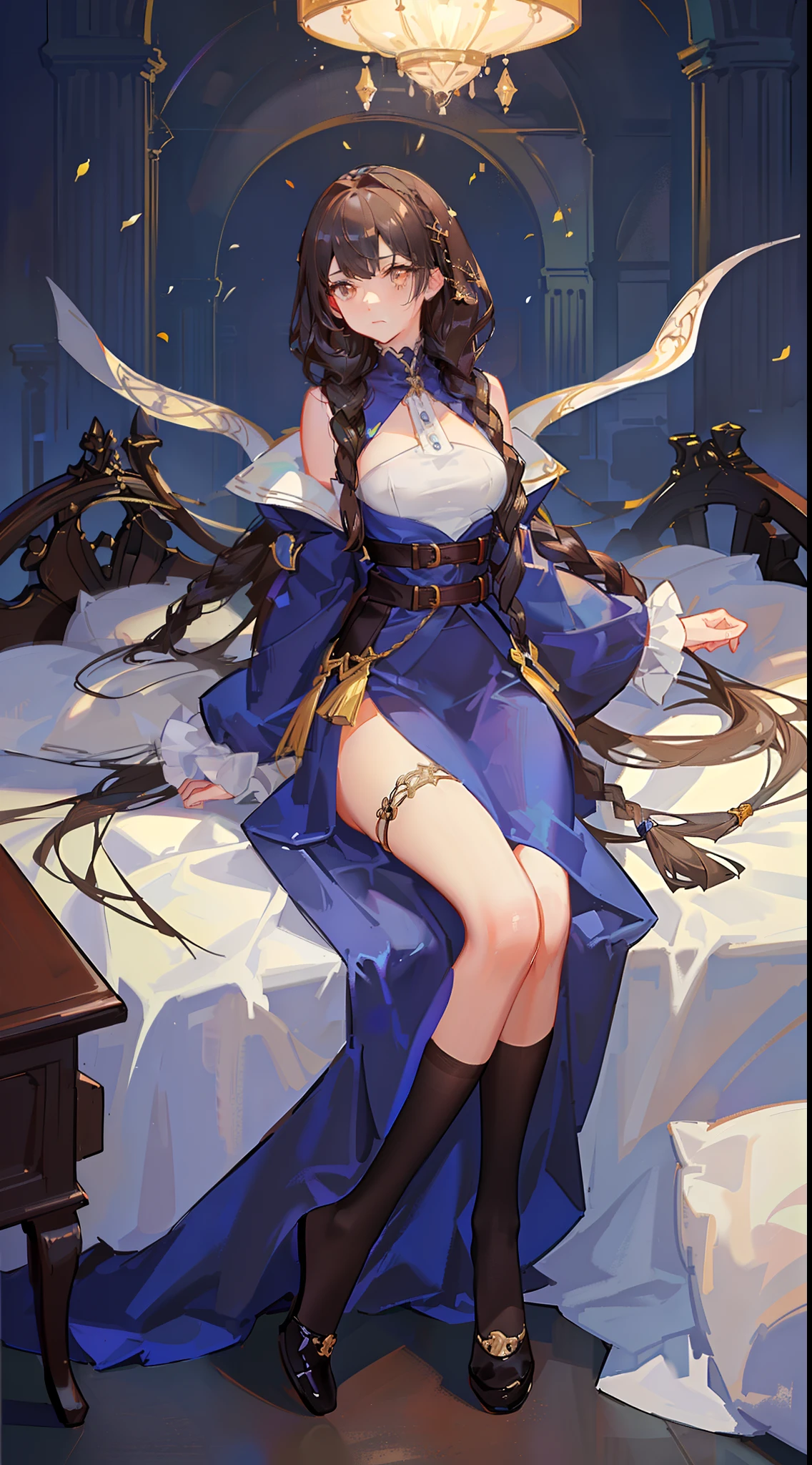Striped hair, Light brown hair, low twin braids, hair adornments, hairpods, covering eyes, contemplative, character sheets, stats, hyper HD, Masterpiece, ccurate, Super detail, A high resolution, 1080p, 8K, 16k, Textured skin,A girl,full bodyesbian，steampunc，white dresses，校服