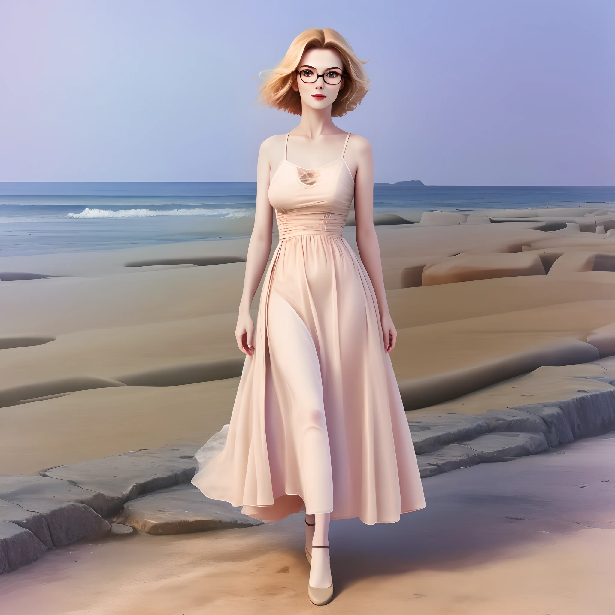 woman, beige beach dress, red glasses, cavernous blonde and short, 4k, digital art, high quality, full body, ultra realistic