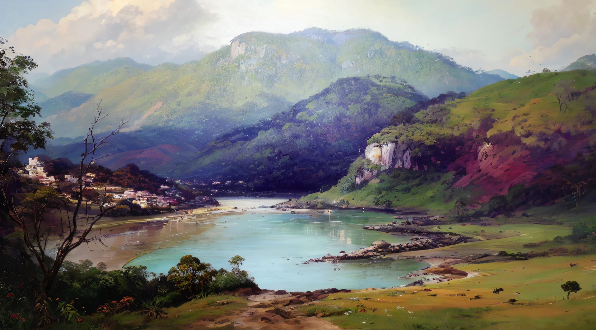 pintura de um rio que atravessa um vale verde exuberante com montanhas ao fundo, colinas fluidas, 8k resolution digital painting, 8k resolution digital painting, Pintura digital 4K, Pintura digital 4k, pintura digital detalhada, baixo detalhamento. pintura digital, Pintura Digital de Alto Detalhe, peaceful landscape, rio, trees and hills, pintura detalhada 4K, pintura digital 4k