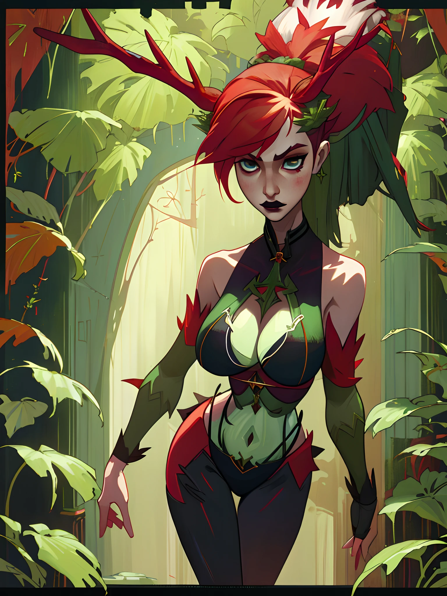 red Leaf hair, wide hips, 8k, huge resolution, cleavage focus, sexual expression, (antlers:1.2), bikini, (plant girl:1.2), (gothic art style:1.2) Zyra_defult,