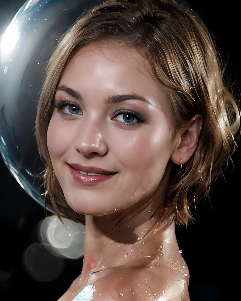 Photo of yvonne strahovski at the giggling, solo, blue eyes, reverse bob haircut, shiny skin, WET skin, shiny glossy skin, glossy skin, oily skin, black background headshot, warm atmosphere, photograph, photoshoot, Captured by Panavision Panaflex Platinum Camera with Panavision Primo Primes Spherical Lens 85mm T1.8