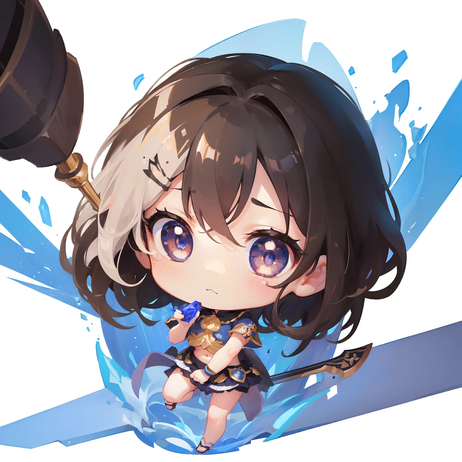 [(White background:1.4)::5],(Chibi:1.3), ((Chibi Chara)), Cute and beautiful Chibi, Female genie in armor,The sword,beautiful detailed eyes and face,beautiful detailed hair,(A dark-haired:1.4),((full body Esbian)),3D
