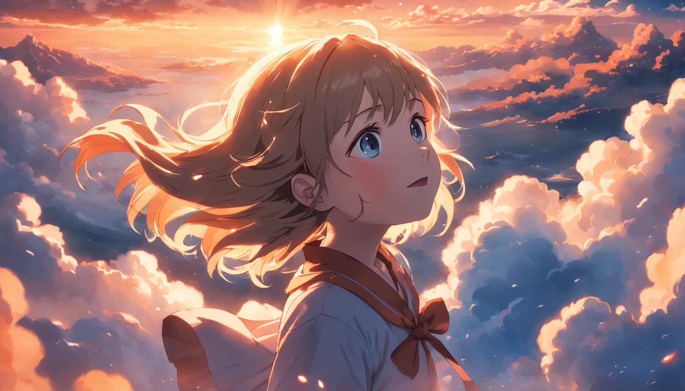 masterpiece, best quality, movie still, 1girl, cloud girl, floating in the sky, close-up, bright, happy, warm soft lighting, sunset, (sparks:0.7)