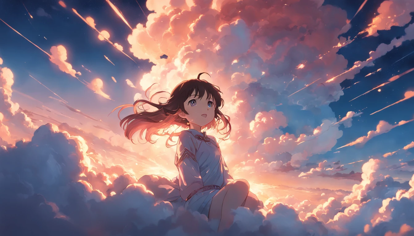 masterpiece, best quality, movie still, 1girl, cloud girl, floating in the sky, close-up, bright, happy, warm soft lighting, sunset, (sparks:0.7)