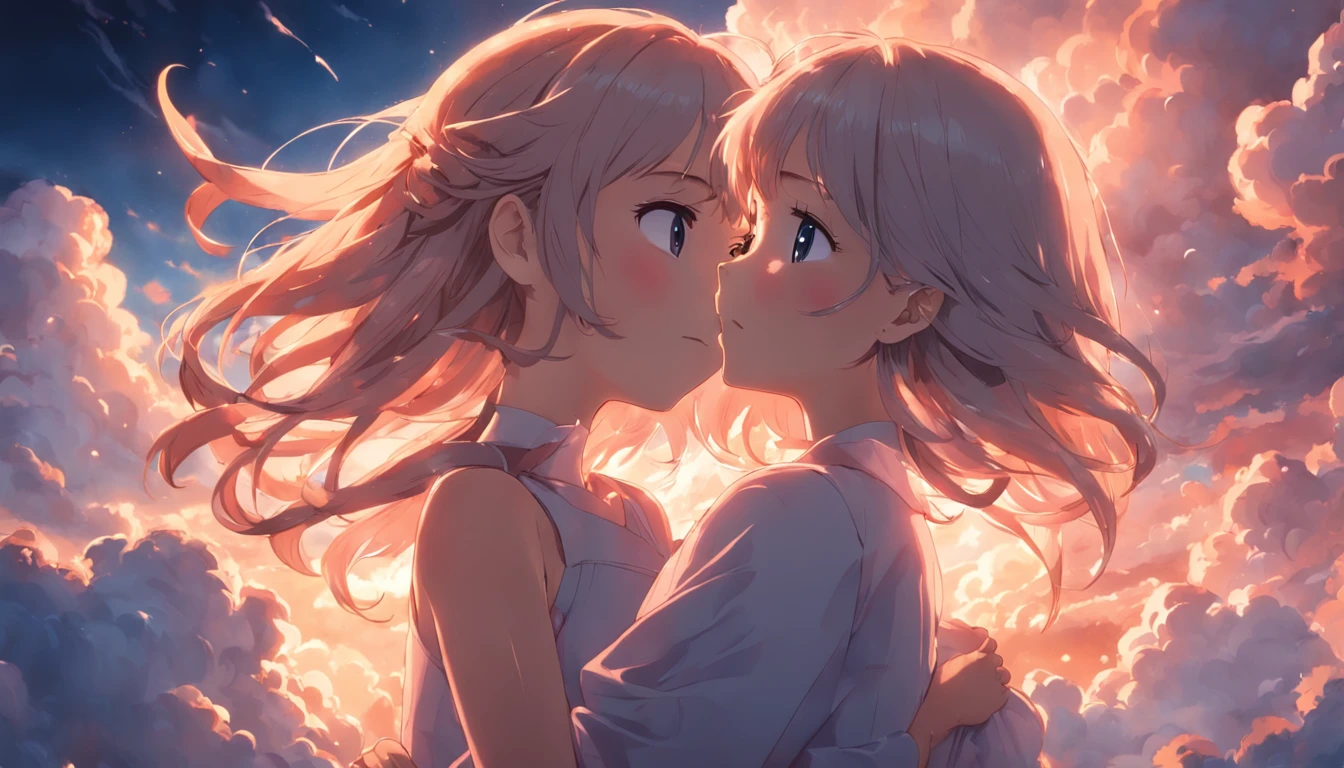 masterpiece, best quality, movie still, 1girl, cloud girl, floating in the sky, close-up, bright, happy, warm soft lighting, sunset, (sparks:0.7)