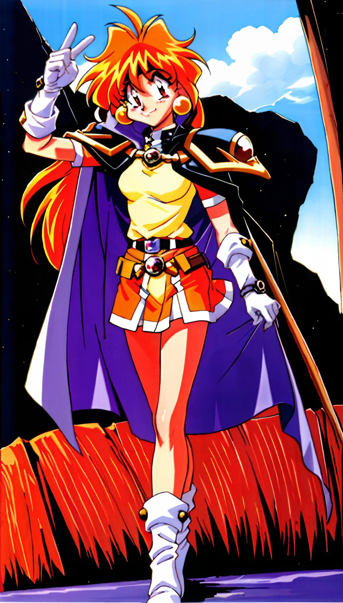 masterpiece, best quality, ultra-detailed, illustration, 1girl, 1990s \(style\), belt, boots, cape, earrings, gloves, headband, jewelry, lina inverse, long hair, pantyhose, red eyes, red hair, orange hair, retro artstyle, solo, traditional media,1990s (style),,retro artstyle,smile