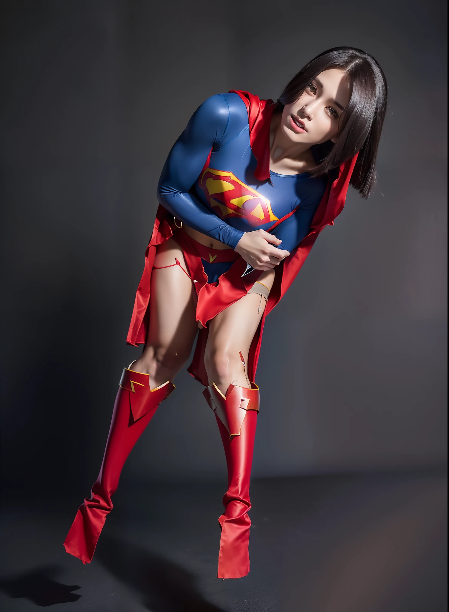 (((Make the most of the original image)))、(((Supergirl Costume)))、(((crafted)))、(((and draw the full body)))、(((Stick to weakness)))、(((Eyes closed)))、(((a short bob、lustrous dark hair)))、(((Suffering)))、(((The cloak is red)))、(((Wearing stockings)))、(((Costumes are torn to shreds)))、((Top image quality、8K))、((top-quality、8K、masterpiece:1.3))、Crisp focus:1.2、Beautiful woman with perfect body shape:1.4、Slender Abs:1.2、((layers-Cut))、a wet body:1.5、Highly detailed facial and skin texture、
