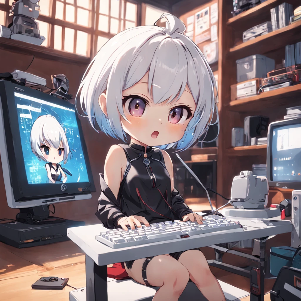 ((Chibi girl playing computer))、White shorthair chibi、Pixie Cut Chibi、Chibi in shorts, Chibi,
