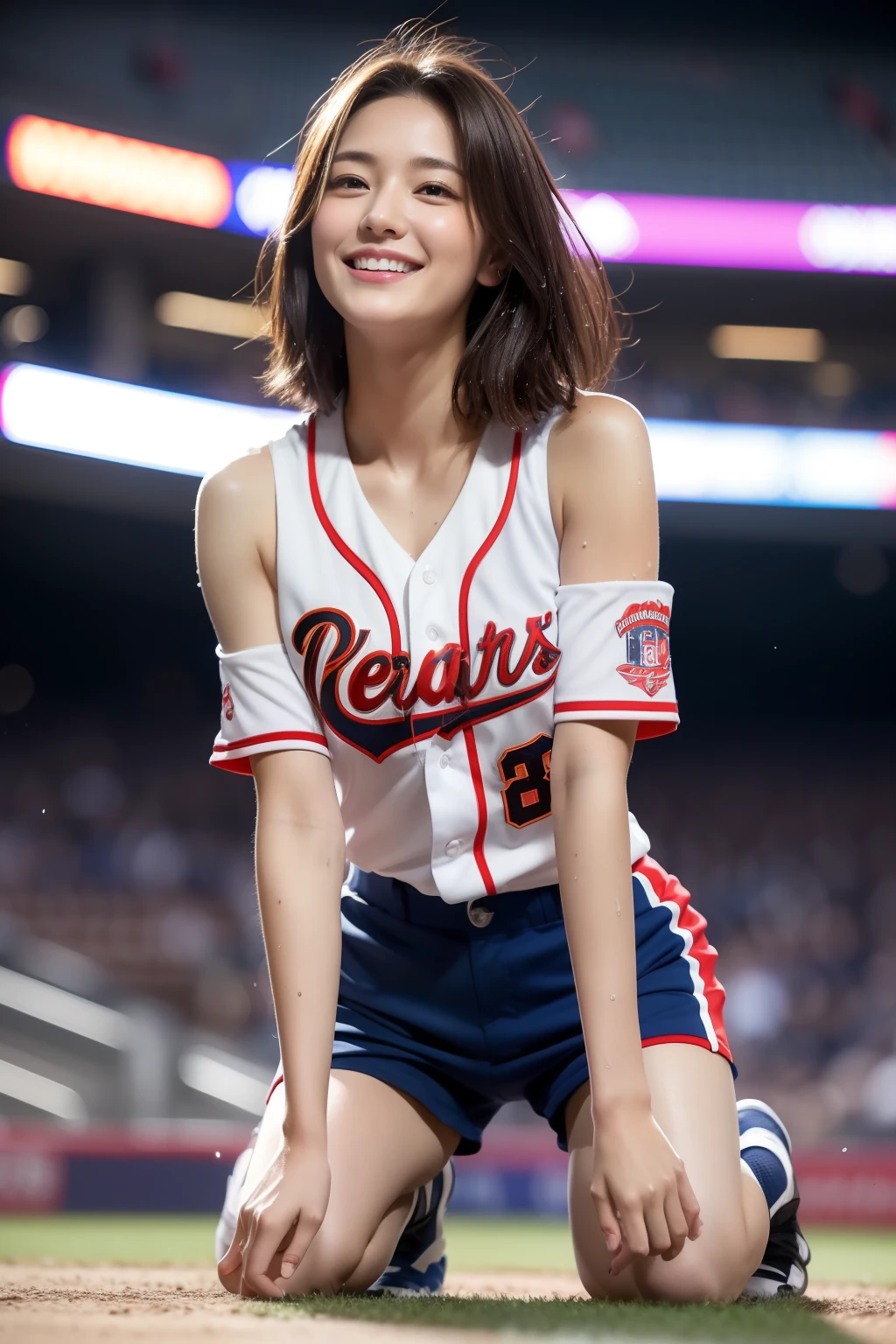 (Best Quality, 8K, 32K, masutepiece, nffsw:1.2), (1 slender woman of Japan, 28 years old, Tall gravure model), dark brown hair, Bright foreground, Professional Lighting, Photon mapping, Radio City, shading:1.3, (high-detail skin:1.2), (Huge breasts:1.3), (Shorts, exposed shoulder:1.1), squatting with legs open, ((Provocative Dynamic Poses)), (she is soaking wet), top-down view:1.5, (baseball uniform:1.1), hyperdetailed face, Detailed lips, Detailed eyes, Double eyelids, Inside the stadium, Looking Camera, (Sensual gaze on the photographer, lips slightly open), Breaking the clear sky, Baseball Stadium, The audience gets excited, Confetti flies, Happy smile,