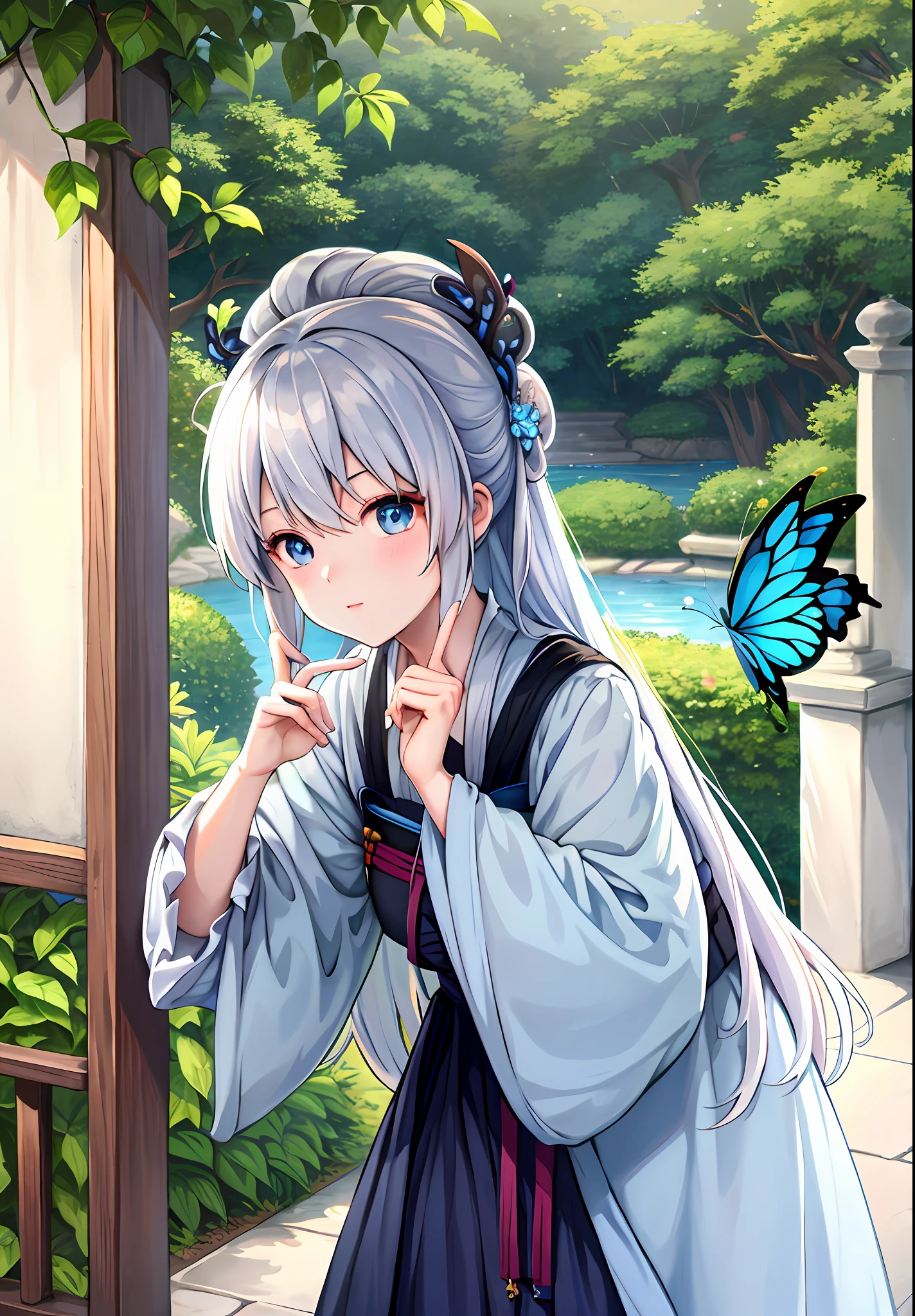 blue ru_swarm,Best_quality,Head,Original_Outfit,Hanfu,Clear details,Masterpiece, Best_quality, Clear details,1girll,Garden background,, Butterfly on the finger,Blue eyes,White hair,Long hair,Big eyes