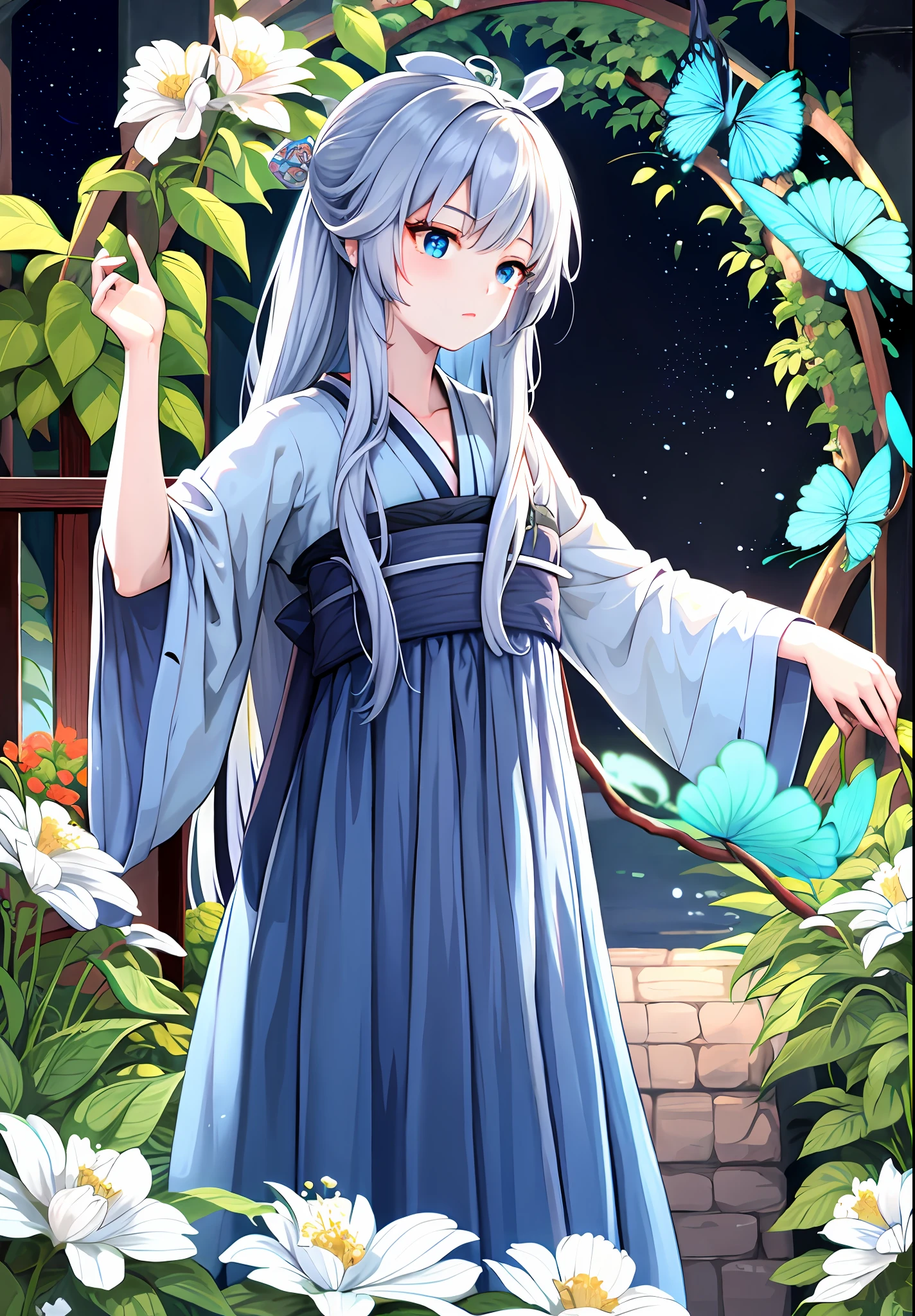 blue ru_swarm,Best_quality,Head,Original_Outfit,Hanfu,Clear details,Masterpiece, Best_quality, Clear details,1girll,Garden background,, Butterfly on the finger,Blue eyes,White hair,Long hair,Big eyes